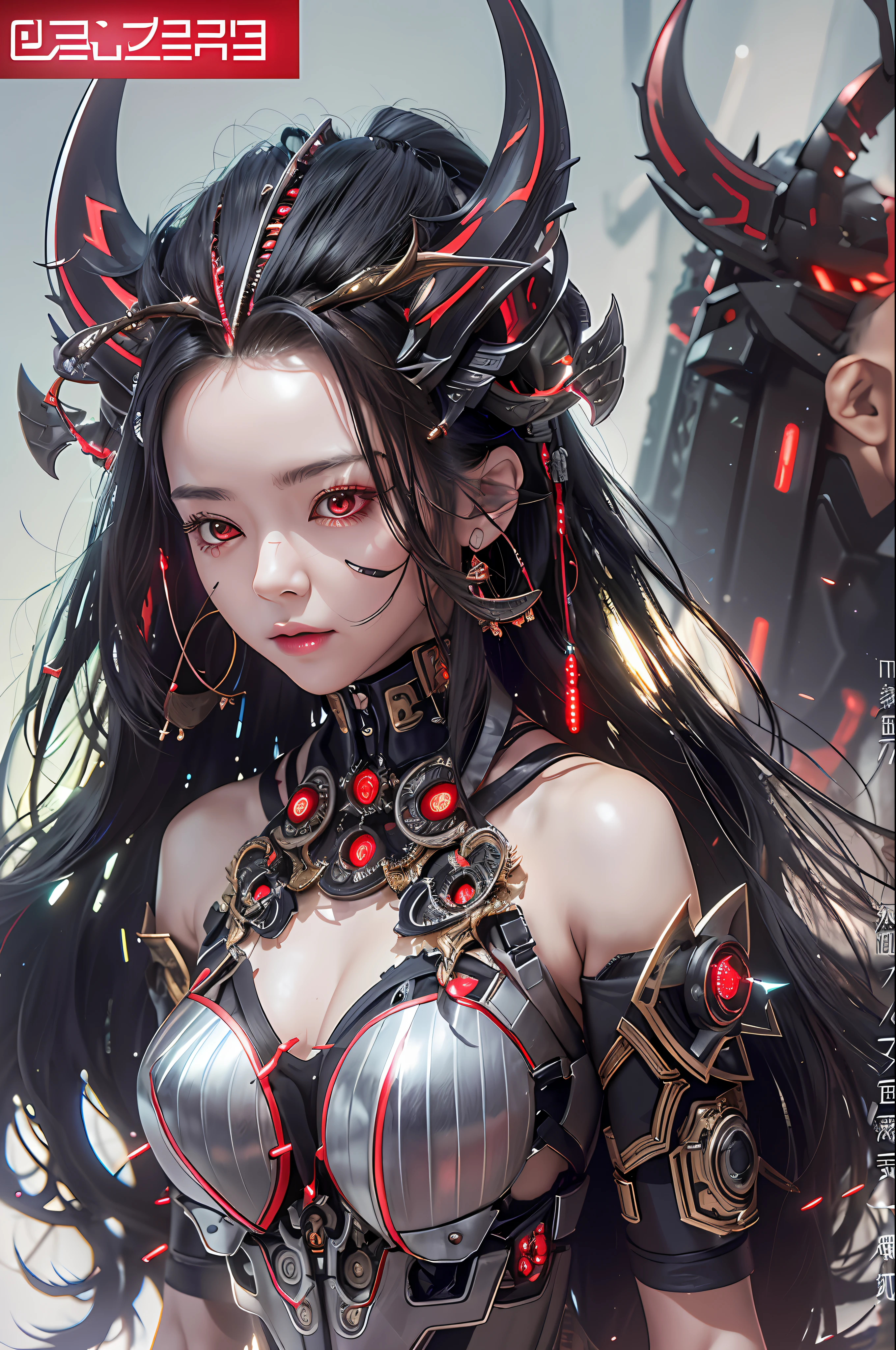 top-quality、masterpiece、超A high resolution、(Photorealsitic:1.4)、Raw photo、1人、Black hair、glowy skin、1 Machine Devil、large metal wings、Metal horn、((super realistic details))、portlate、globalillumination、Shadow、octan render、8K、ultrasharp、Colossal tits、Raw skin is exposed in cleavage、Black fiberglass body、Details of intricate gilded ornaments、Sumerian details、About Cyberpunk、Glowing LEDs、IC chips、Data Links、Hydraulic cylinder、highly intricate detail、Realistic light、Red Eyes、radiant eyes、Facing the camera、neon details、Mechanical limbs、blood vessels connected to tubes、Mechanical vertebrae attached to the back、mechanical cervical attaching to neck、cowboy shot、Wires and cables connecting to the head、Luminous tube、Small LED lamp、
