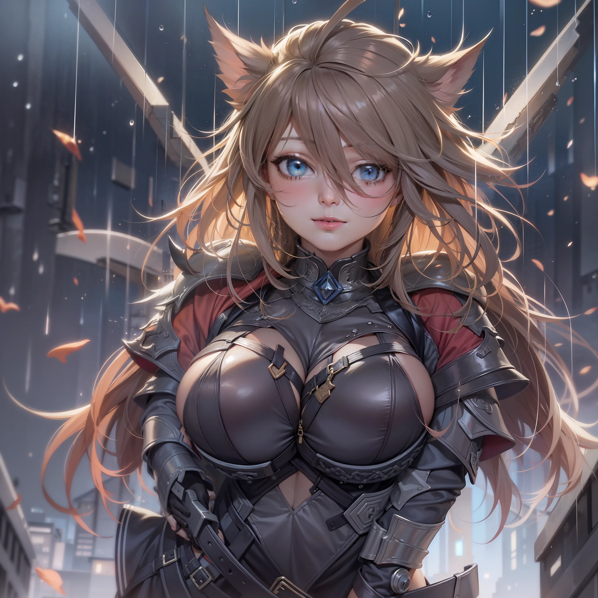 Masterpiece, Best quality, Highly detailed, Sexy, Curvy, A MILF, 1girll, Red spiked hair, Armor, Blue eyes, Short hair, Solo, view the viewer, parted lip, Upper body, bangs, gate, chest plate, Building, sky, window, Blush, rain, hair between eye, Night, The helmet has been removed, Shoulder armor, Indoors, Star \(sky\), pauldrons, Light particles, dark mole, Eyebrows visible through hair, titmouse,Outdoors, Masterpiece, Best quality, Game cover art , Add_detail:1, Hair over eyes, hair on one eye, huge boob, titmouse, Extremely large_Breasts!! with the type of boobs_melons,