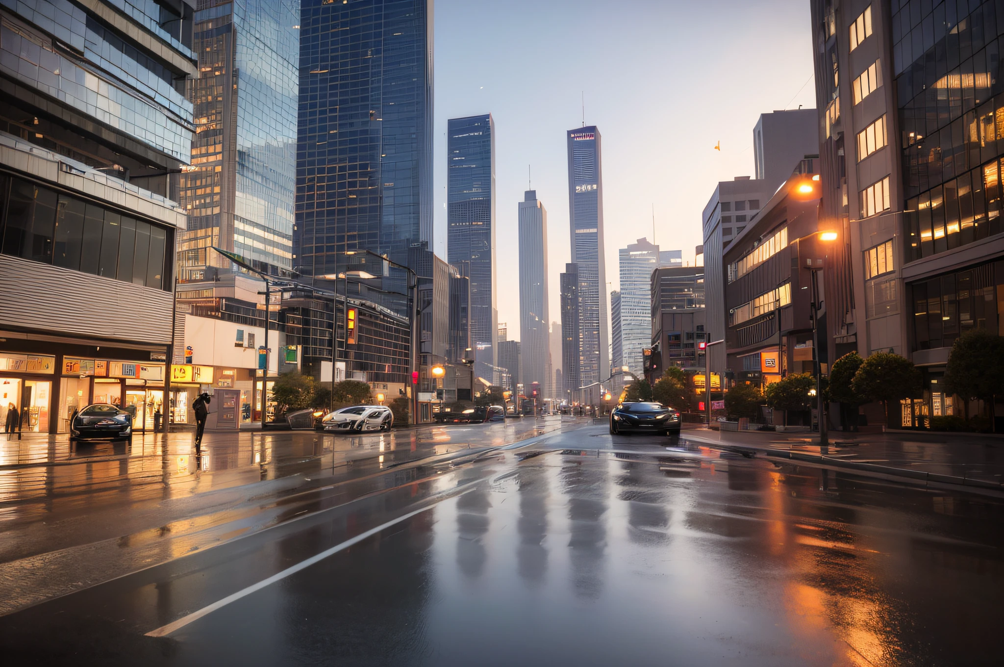 (Best quality, Masterpiece:1.2), Photorealistic, (Ambient light:1.3), (Cinematic composition:1.2), 8K, hdr, 超高分辨率, Exquisite details and textures, sports cars, super car, tail lights, Sunset, Street view, skyscrapper, skylines, Cyberpunk, Neon lights, Clouds, rained, wetfloor, Reflection, Dusty air, Light particles, ray of lights, Detailed background, Depth of field, Professional lighting, photon maping, Radio City, Physically-based rendering