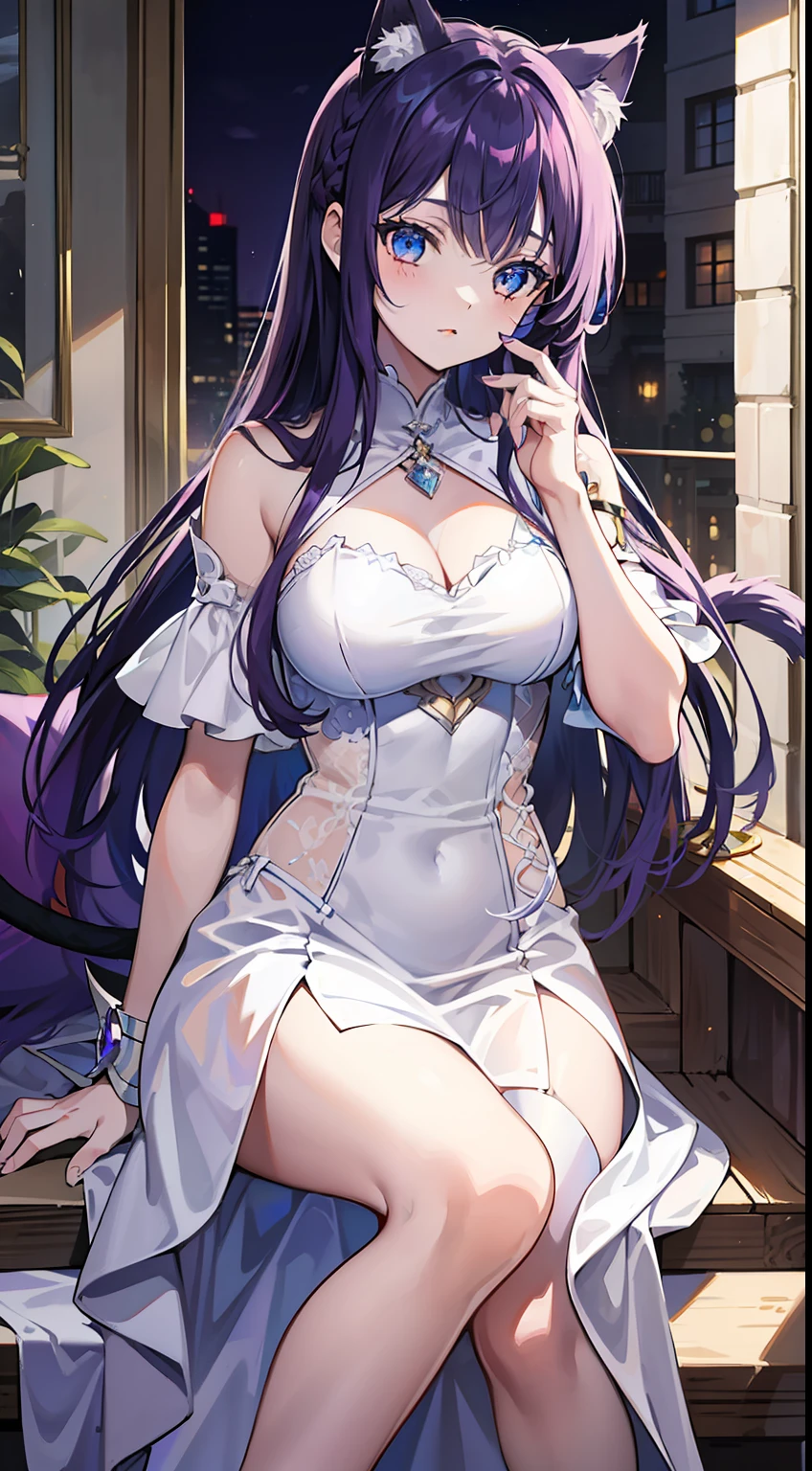 young girl, long purple hair, cat ears, cat tail, blue eyes, white luxury dress, Masterpiece, hiquality