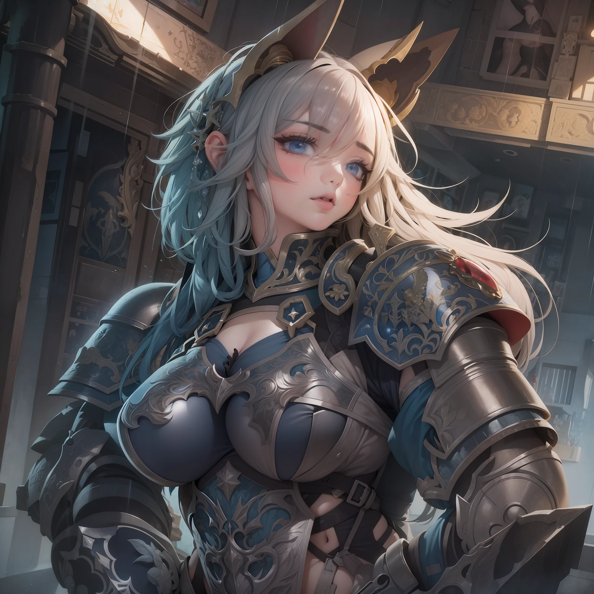 Masterpiece, Best quality, Highly detailed, Sexy, Curvy, A MILF, 1girll, Red spiked hair, Armor, Blue eyes, Short hair, Solo, view the viewer, parted lip, Upper body, bangs, gate, chest plate, Building, sky, window, Blush, rain, hair between eye, Night, The helmet has been removed, Shoulder armor, Indoors, Star \(sky\), pauldrons, Light particles, dark mole, Eyebrows visible through hair, titmouse,Outdoors, Masterpiece, Best quality, Game cover art , Add_detail:1, Hair over eyes, hair on one eye, huge boob, titmouse, Extremely large_Breasts!! with the type of boobs_melons,