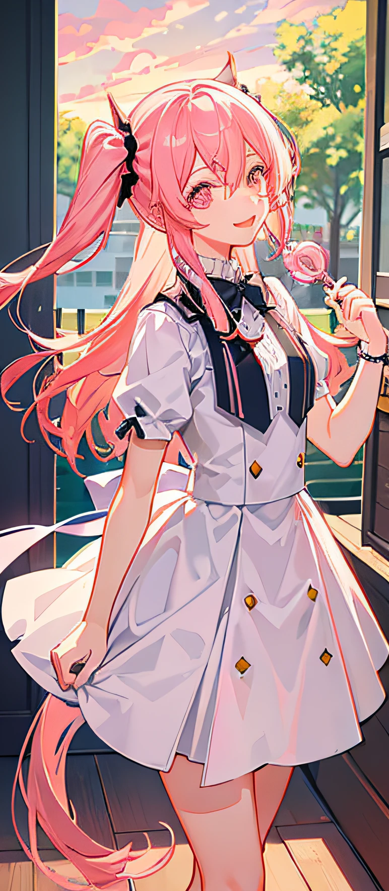 (tmasterpiece,best qualtiy:1.2),(looking at viewert),Happy face,dual horsetail,Superskirt,Pink theme,cowboy lens,squatt,inside in room,rays of sunshine,with pink hair,a pink eyes
