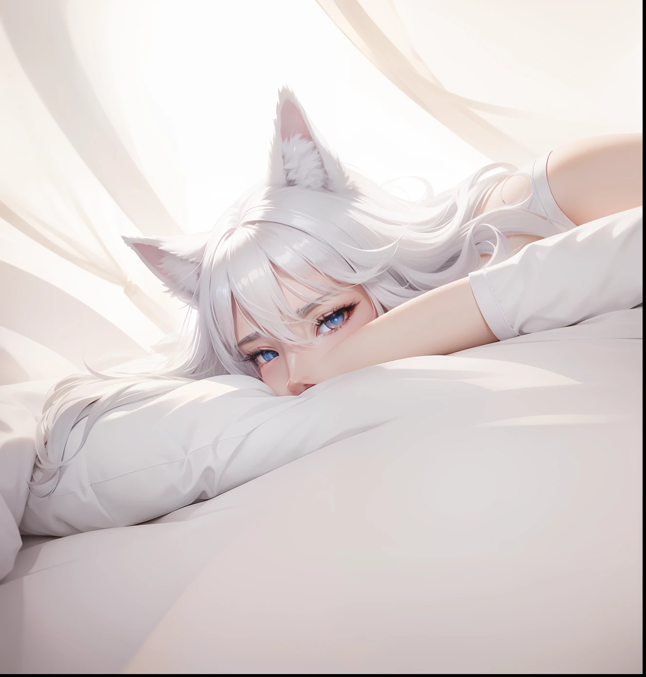 On the bed lay a white wolf,The bed was covered with white sheets, White Wolf anime, White wolf, Vampire White Wolf, White wolf with white hair, Soft anime illustration, very very beautiful furry art, white wolf with blue eyes, A white wolf, White wolf, furry wolf, made with anime painter studio, Ethereal white wolf, soft anime, White background : 3,hairy chest。