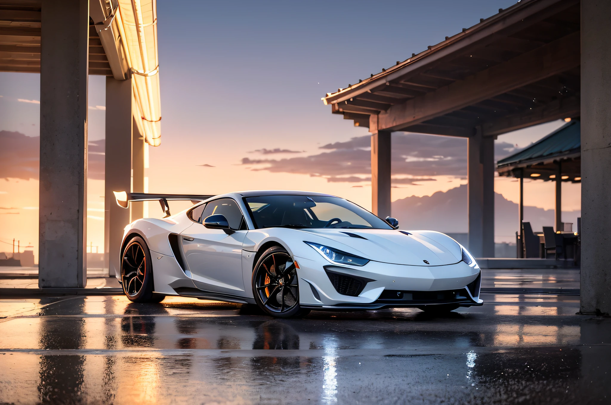 (Best quality, Masterpiece:1.2), Photorealistic, (Ambient light:1.3), (Cinematic composition:1.2), 8K, hdr, 超高分辨率, Exquisite details and textures, sports cars, super car, tail lights, Sunset, Street view, skyscrapper, skylines, Cyberpunk, Neon lights, Clouds, rained, wetfloor, Reflection, Dusty air, Light particles, ray of lights, Detailed background, Depth of field, Professional lighting, photon maping, Radio City, Physically-based rendering