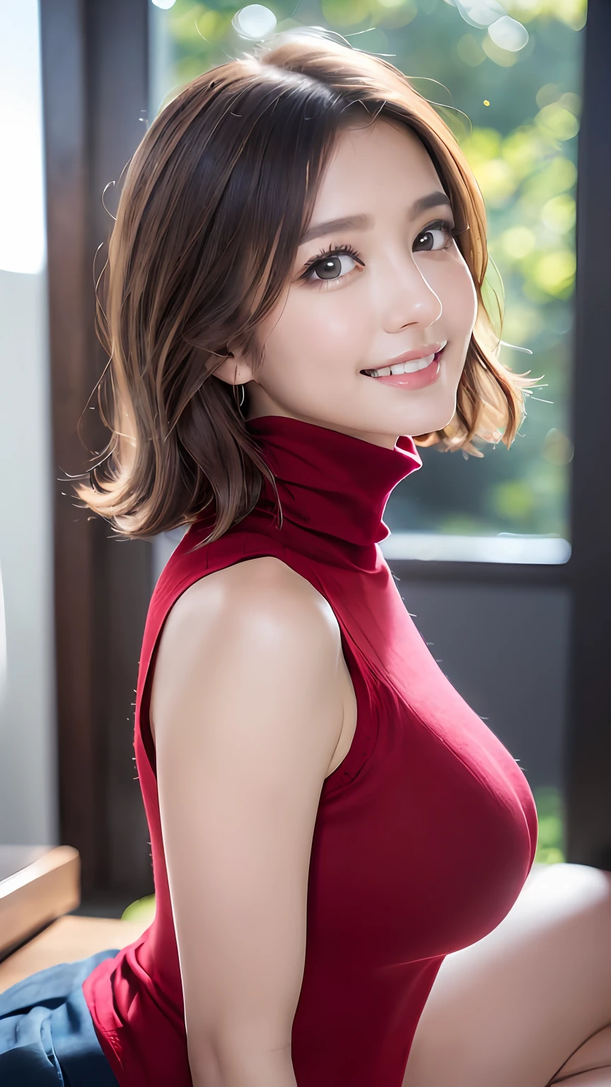 (8K, 超A high resolution,The ultra -The high-definition、Raw photo、 Best Quality, masutepiece:1.5)、RAW portrait of japanese girl、超A high resolution、top-quality、 (huge-breasted、stick out chest:1.3)、｛Hide all breasts｝｛Pleated skirt in off-white:1.6｝、(Wearing a red sleeveless turtleneck:1.6))、((Open the inseam:1.7)、(fitting room:1.2) BREAK (Natural Skin Texture、Detailed skin、Hyper-Realism、ultra sharpness)、intricate detailes、depth of fields、Sexy adult woman、Black hair shortcuts、Toned buttocks、((​masterpiece、top-quality、high-detail))、(Photorealsitic:1.4)、独奏、closes mouth、Smile happily、big eye、Distinct double eyelids、Lashes、long neck、Absolute area、Clean collarbone、face perfect、thin lips、a small face、(gazing at viewer、Highlights in the eyes、Light brown eyes、lipgloss)、(From the side:1.2)
