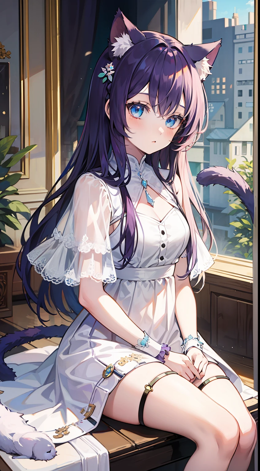 young girl, long purple hair, cat ears, cat tail, blue eyes, white luxury dress, Masterpiece, hiquality
