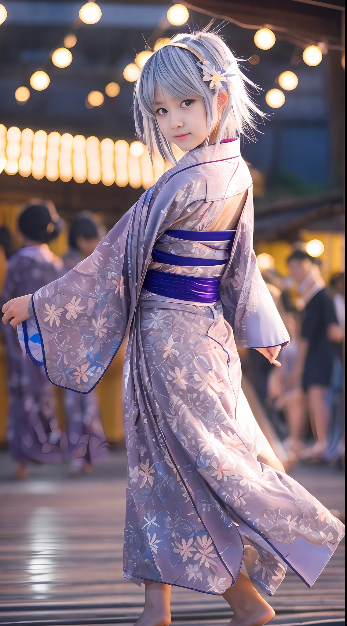 Bon dance festival,young ladys, silver hair, blue eyes, detailed beautiful face, slim body, beautiful young girls,highly realistic photo, cute pose,full body,dancing on the yagura stage,yukata