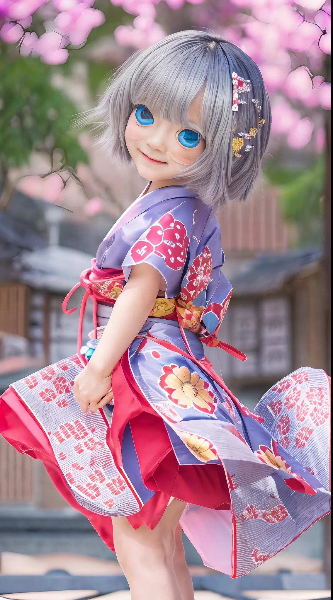 Bon dance festival,young ladys, silver hair, blue eyes, detailed beautiful face, slim body, beautiful young girls,highly realistic photo, cute pose,full body,dancing on the yagura stage,yukata