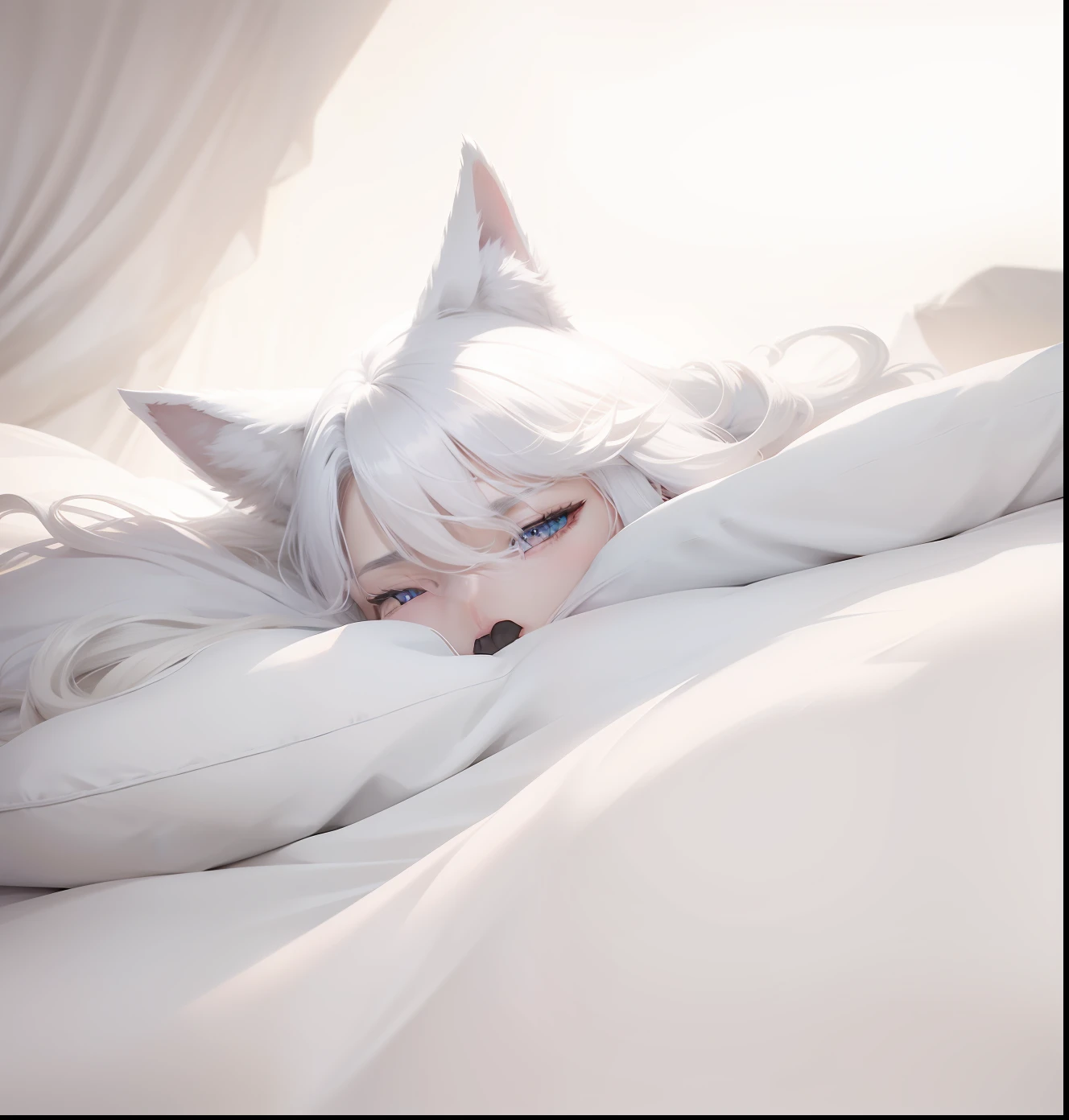 On the bed lay a white wolf,The bed was covered with white sheets, White Wolf anime, White wolf, Vampire White Wolf, White wolf with white hair, Soft anime illustration, very very beautiful furry art, white wolf with blue eyes, A white wolf, White wolf, furry wolf, made with anime painter studio, Ethereal white wolf, soft anime, White background : 3,hairy chest。