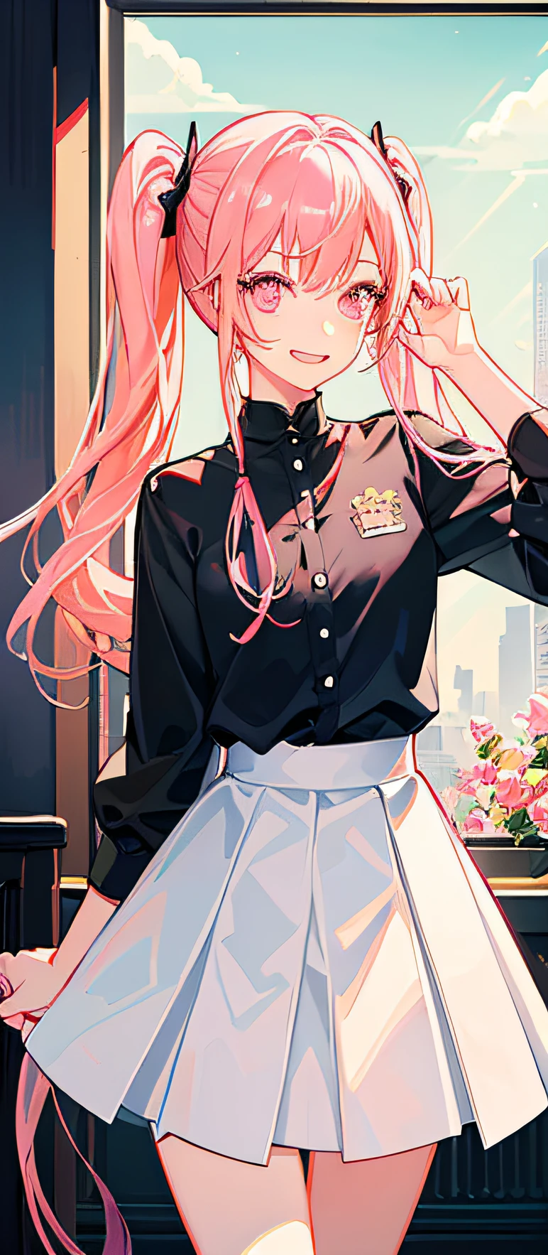 （tmasterpiece，best qualtiy：1.2），（looking at viewert），Happy face，dual horsetail，Superskirt，Pink theme，cowboy lens，squatt，inside in room，rays of sunshine，with pink hair，a pink eyes