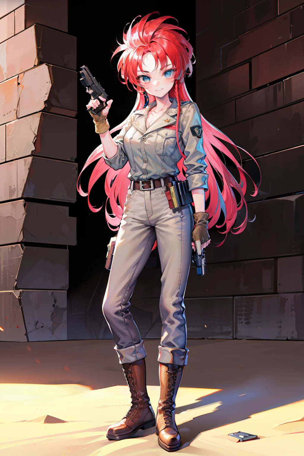 masterpiece, best quality, ultra-detailed,high resolution,anime screencap, unity 8k wallpaper,
dansara, 1girl, solo, looking at viewer, smile, braid, full body, boots, belt, fingerless gloves, uniform, military, military uniform, brown boots, (((hand gun))),
standing, desert,