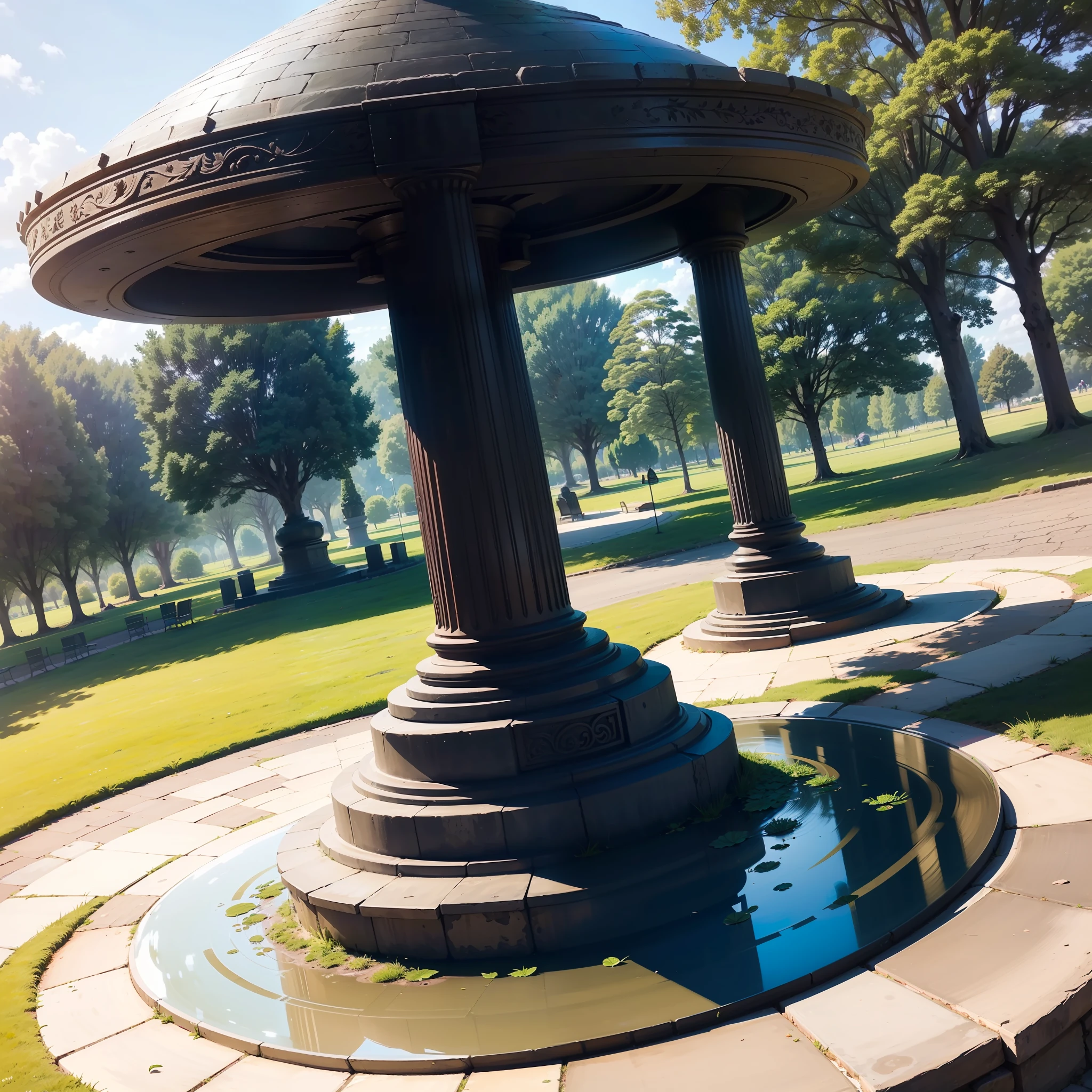 There are 1 large hourglasses in the park. (((There are no people in the scene))). letho. Sunny day. higly detailed.