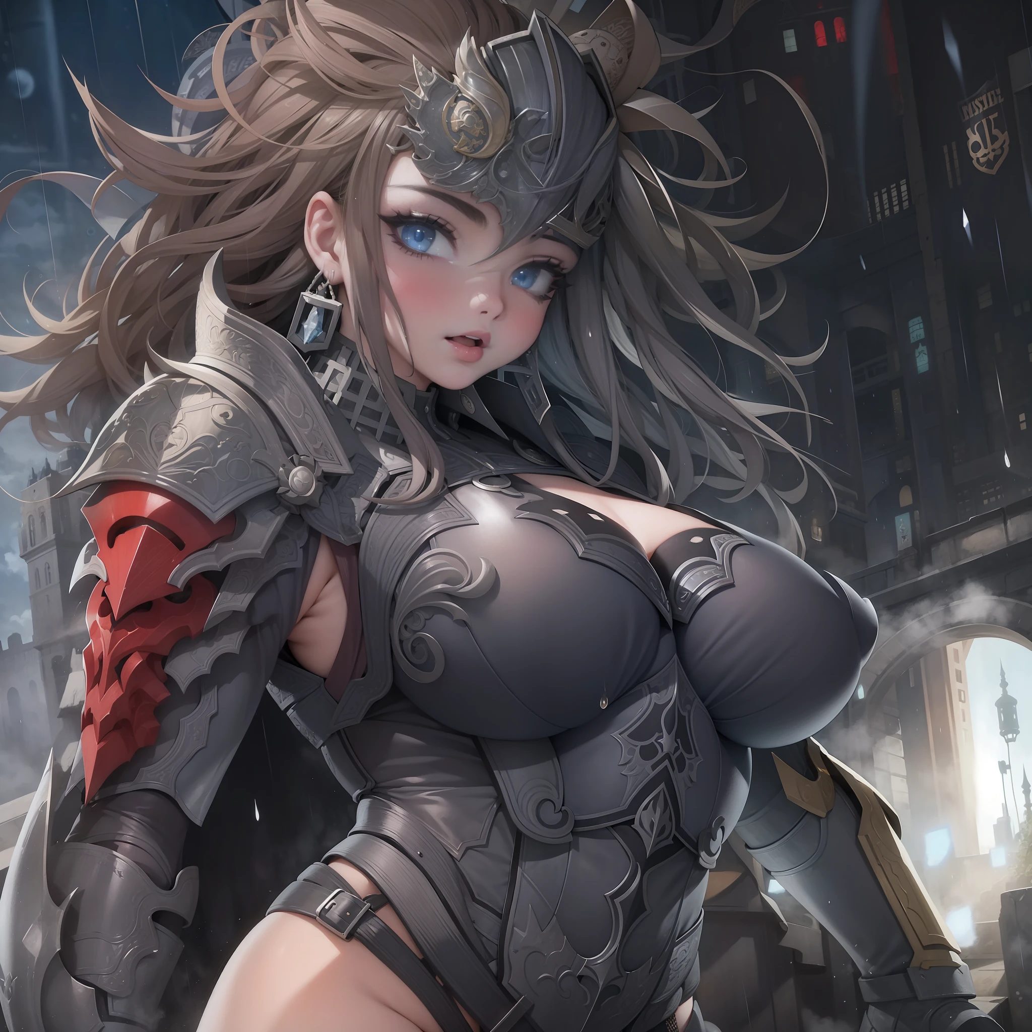 Masterpiece, Best quality, Highly detailed, Sexy, Curvy, A MILF, 1girll, Red spiked hair, Armor, Blue eyes, Short hair, Solo, view the viewer, parted lip, Upper body, bangs, gate, chest plate, Building, sky, window, Blush, rain, hair between eye, Night, The helmet has been removed, Shoulder armor, Indoors, Star \(sky\), pauldrons, Light particles, dark mole, Eyebrows visible through hair, titmouse,Outdoors, Masterpiece, Best quality, Game cover art , Add_detail:1, Hair over eyes, hair on one eye, huge boob, titmouse, Extremely large_Breasts!! with the type of boobs_melons,