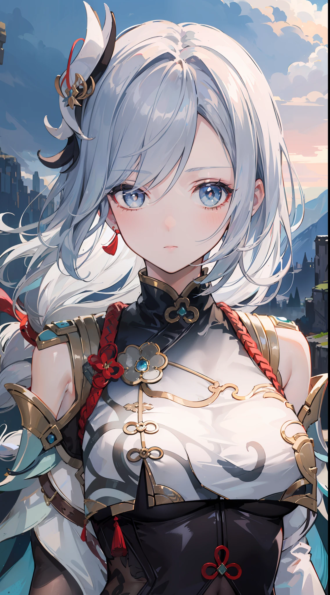 shenhedef, upper body, serious expression, blush, outdoors, futuristic skyscarper, eclipse sky, short hair, sky, looking at viewer, mountain, moody lighting, (perfect detail eyes:1.2), glowing eyes, (long hair one braid:1.2),
(Masterpiece, Best Quality, High Quality:1.4), professional artwork, Intricate Details, field of view, sharp focus, detailed painting, photorealistic lighting, trending on pixiv, (vivid lighting, vibrant colors:1.05), realistic shadows, ambient occlusion,