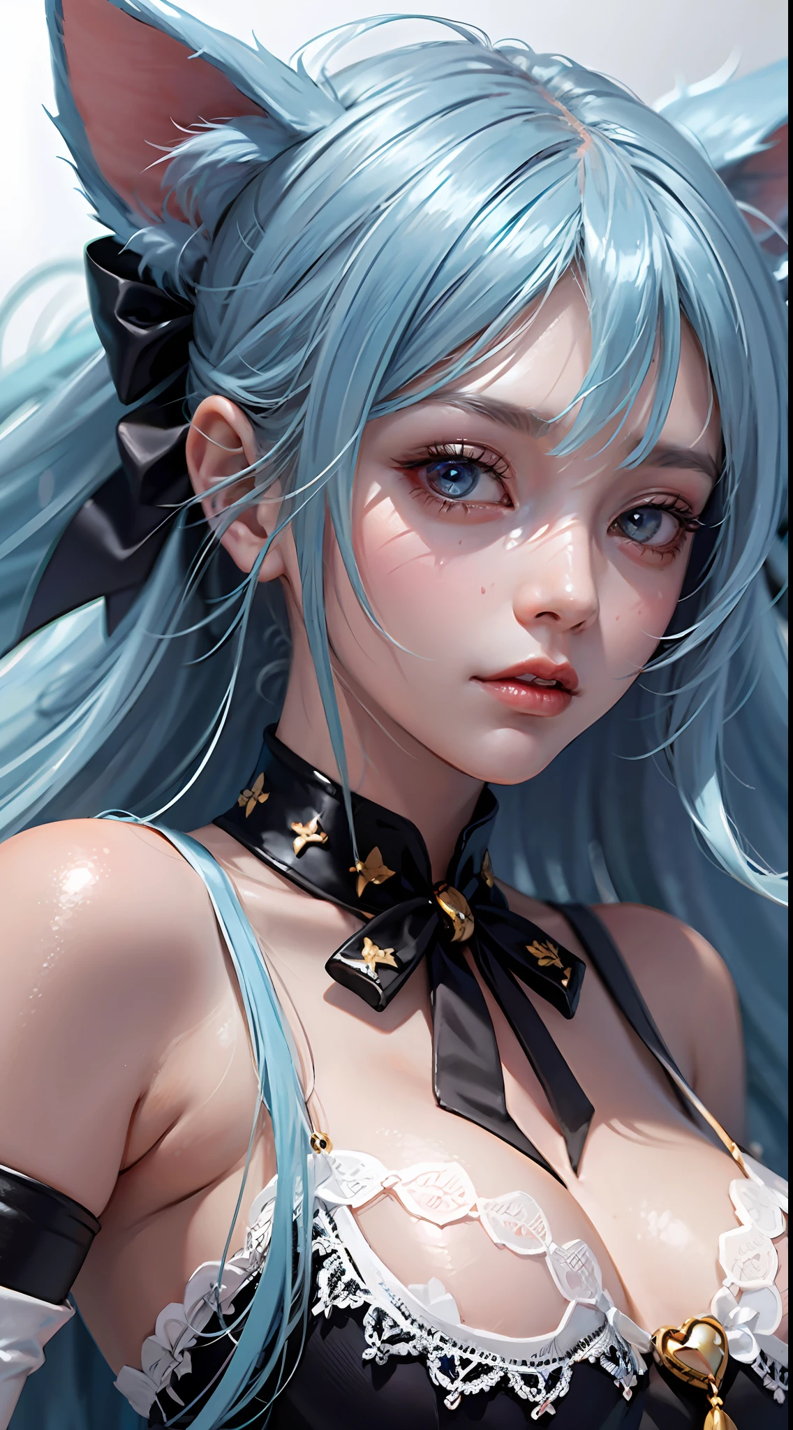 light blue hair, very long hair, hair spread out, hair bow, heart-shaped pupils, gradient eyes, wide eyes, kemonomimi mode, cat ears, sigh, gloom (expression), high detail, anime, anime style, cinematic lighting, symmetry, three sided view, close-up, foreshortening, UHD, masterpiece, high quality, highres, 16k,Emoji package, cartoon style --auto --s2