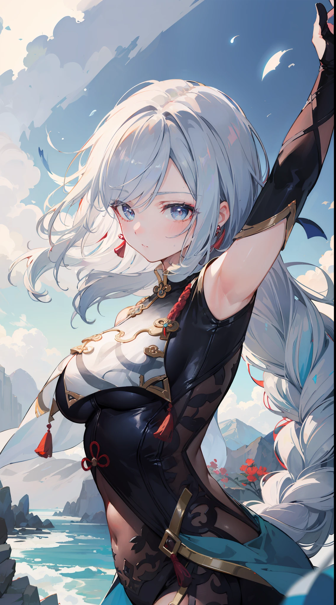 shenhedef, upper body, serious expression, blush, outdoors, futuristic skyscarper, eclipse sky, short hair, sky, looking at viewer, mountain, moody lighting, (perfect detail eyes:1.2), glowing eyes, (long hair one braid:1.2),
(Masterpiece, Best Quality, High Quality:1.4), professional artwork, Intricate Details, field of view, sharp focus, detailed painting, photorealistic lighting, trending on pixiv, (vivid lighting, vibrant colors:1.05), realistic shadows, ambient occlusion,