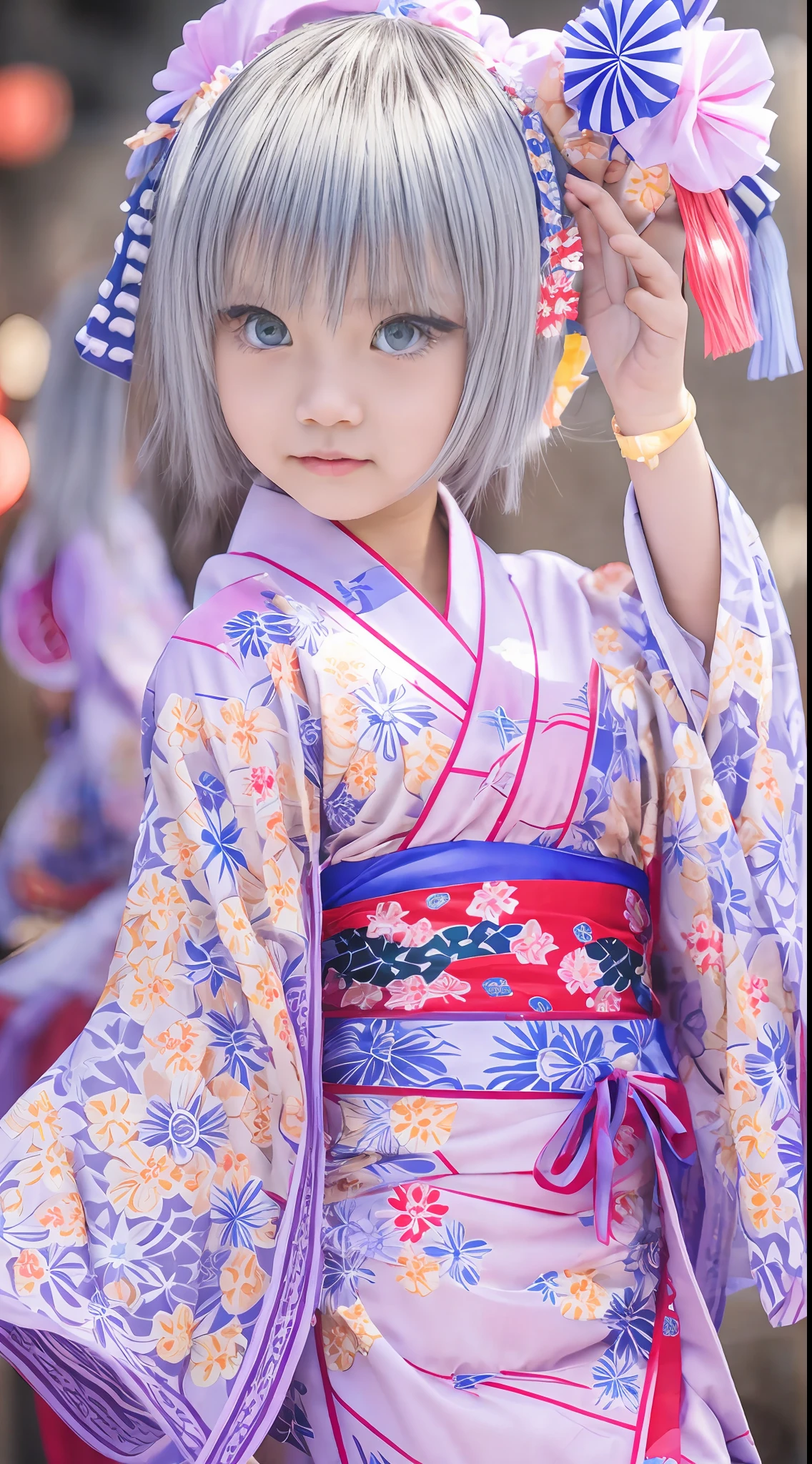 Bon dance festival,young ladys, silver hair, blue eyes, detailed beautiful face, slim body, beautiful young girls,highly realistic photo, cute pose,full body,dancing on the yagura stage,yukata