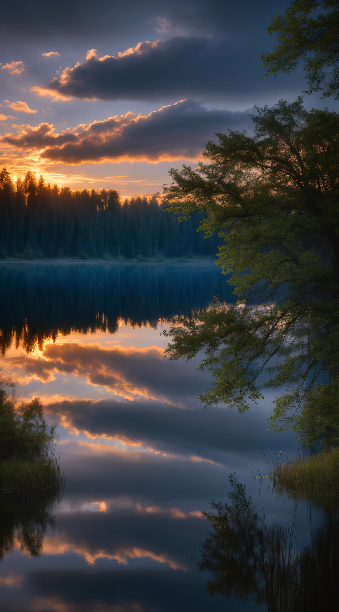 wallpaper, summer, lake, dawn, forest, detailed forest, clouds, masterpiece, cinematic, soft light, depth of field, ray tracing, reflection in water, realism, ulra detailed,