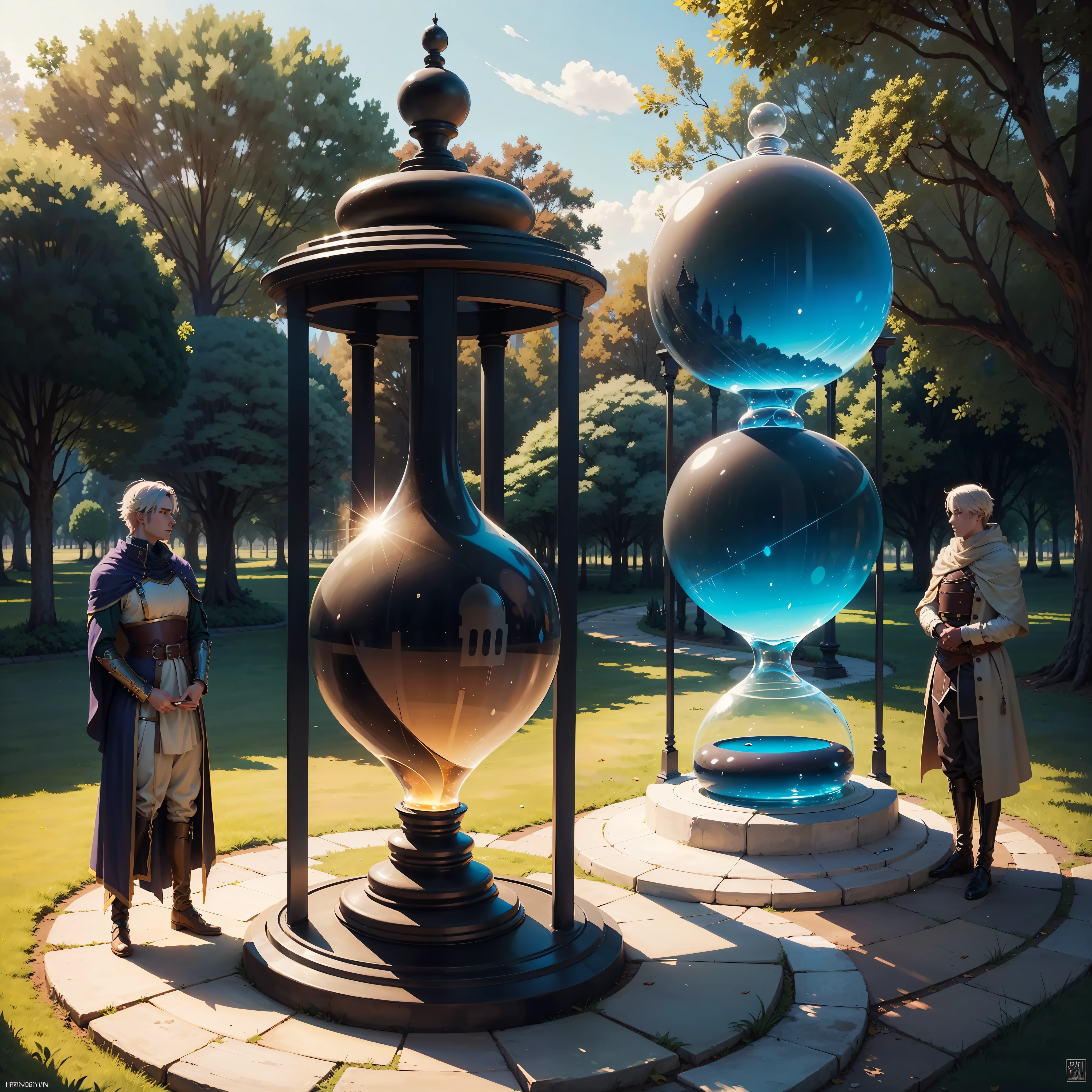 There is a large hourglass in the park. There are no people in the scene. letho. Sunny day. anime drawing. tmasterpiece. higly detailed.