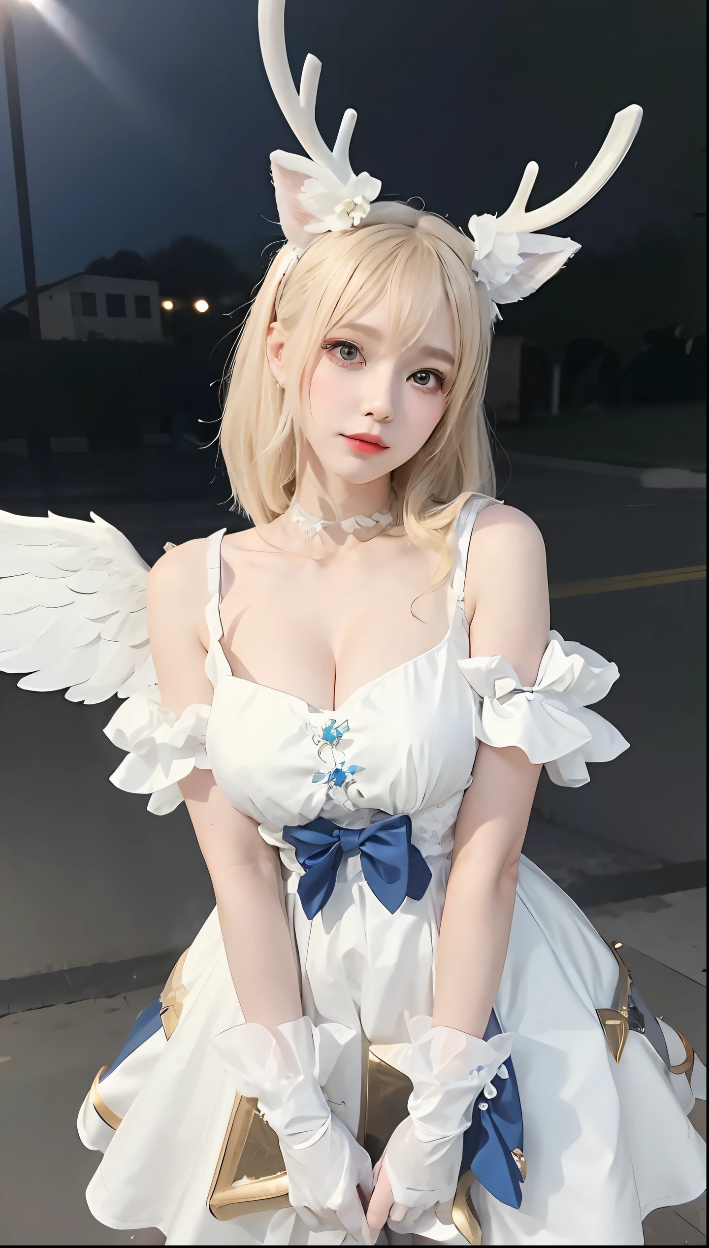 arafed woman dressed in white dress with horns and blue bow, anime girl cosplay, anime cosplay, anime girl in real life, anime goddess, cosplay, cute anime waifu in a nice dress, seraphine ahri kda, full - body majestic angel, cosplay of a catboy! maid! dress, of an beautiful angel girl, cosplay photo