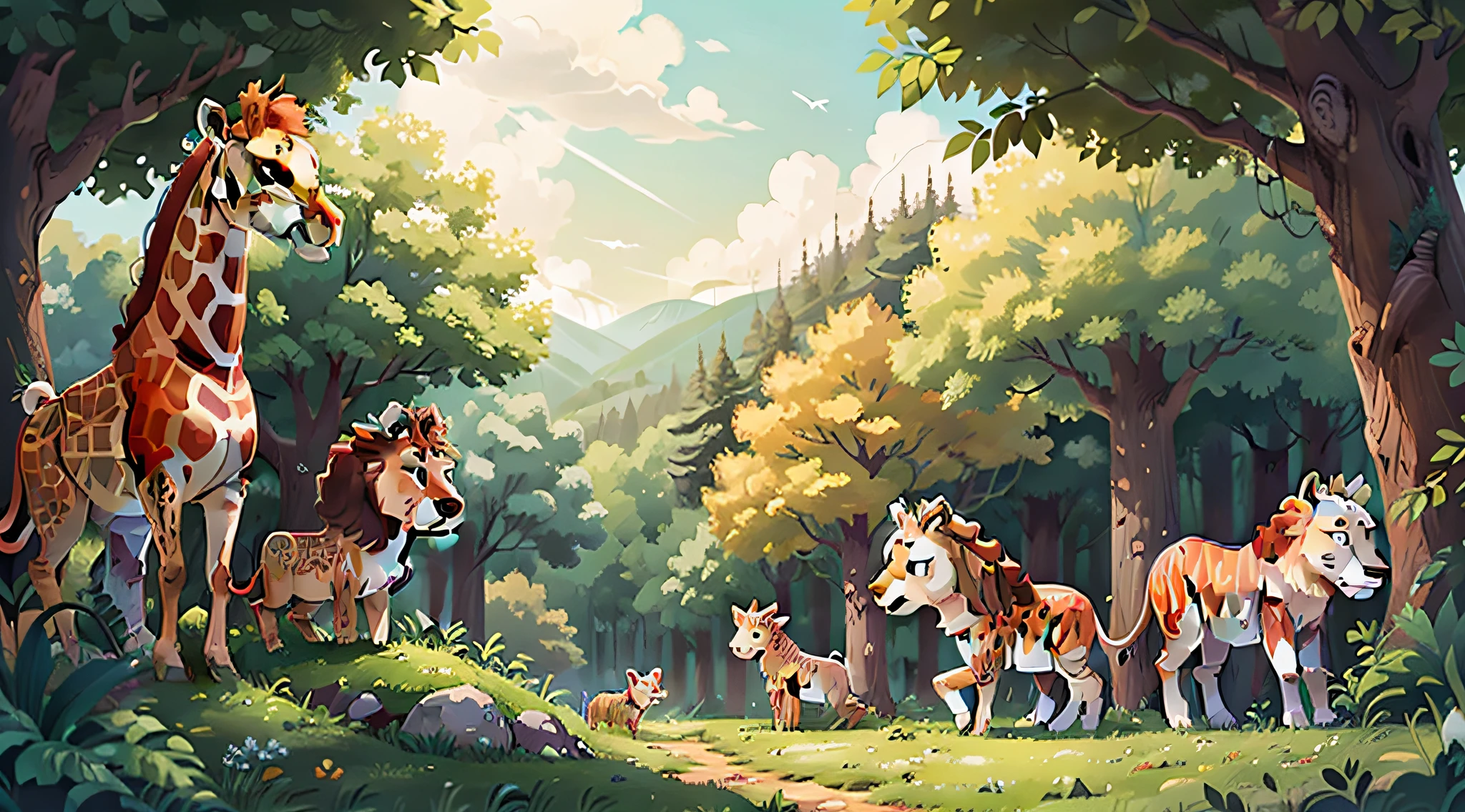 the woods、There are giraffes in the meadow、the Lion、rhinoceros、Vista sky