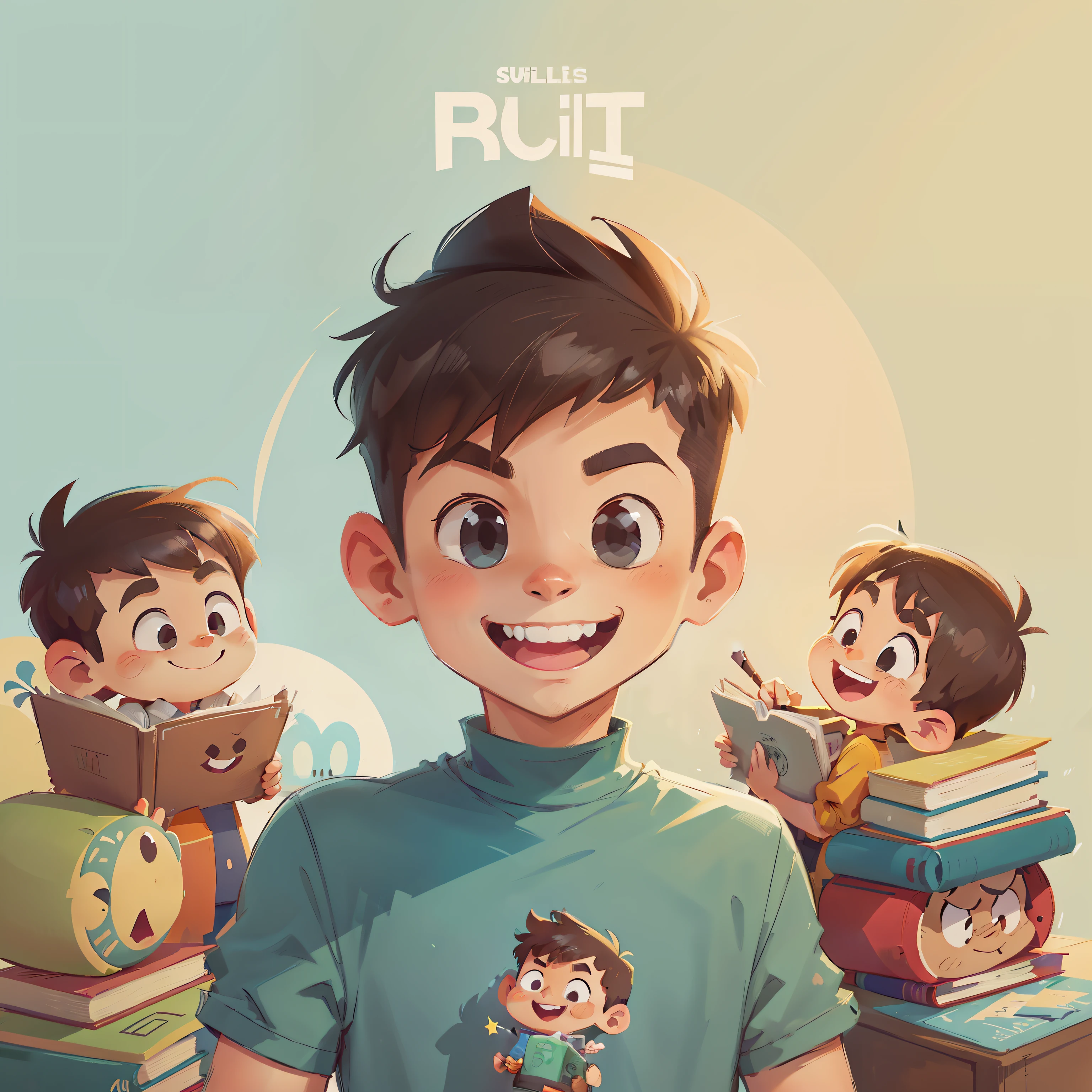 solid color backdrop,Full of smiles,Handsome boy with short hair,architectural model,Lots of books,Simple cartoon style, cartoon portrait of, cartoonish style, Cartoon Art Style, Cartoon Art Style,cartoonish and simplistic, high quality portrait, Cartoon style illustration, cartoonish vector style,high qulity