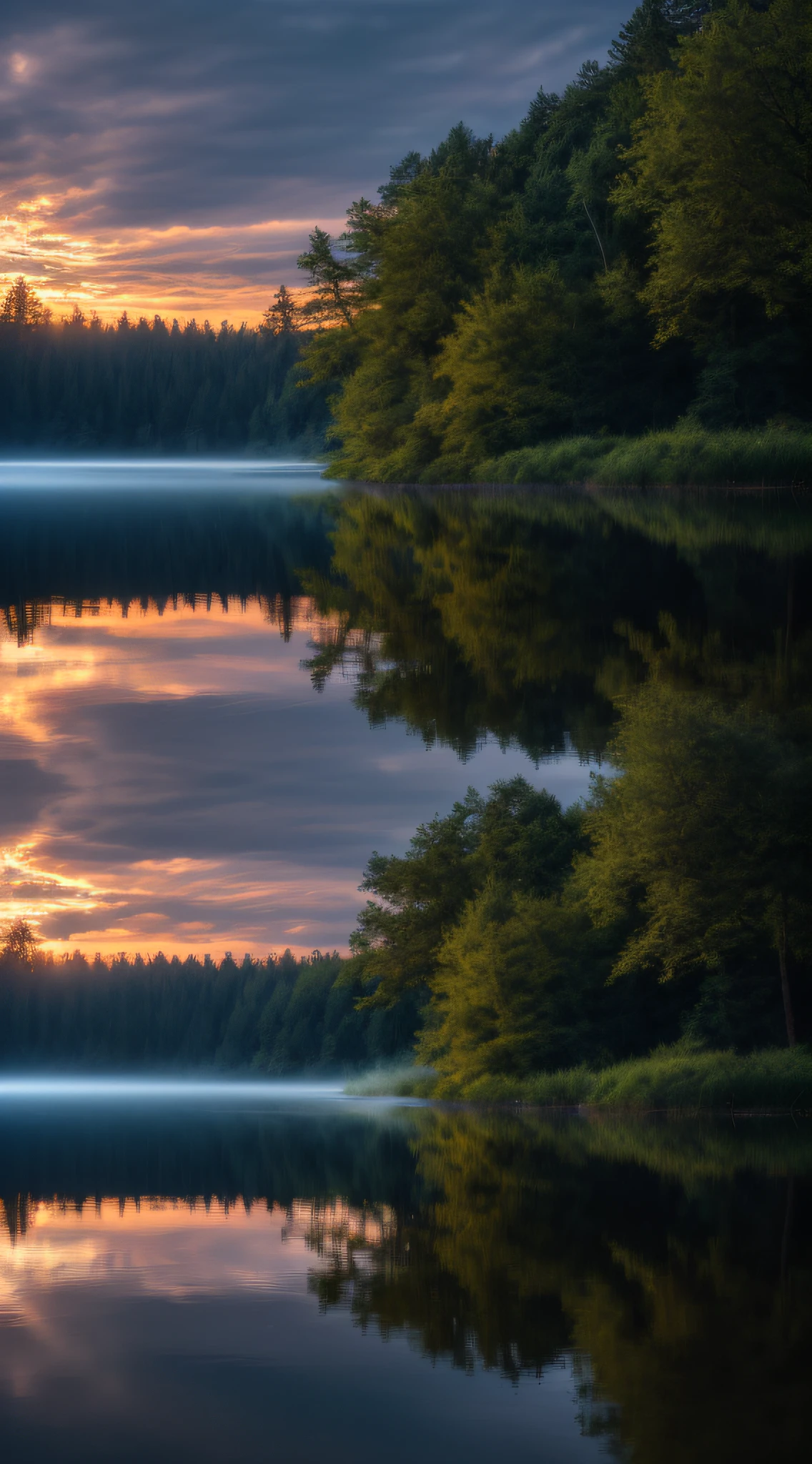 wallpaper, summer, lake, dawn, forest, detailed forest, clouds, masterpiece, cinematic, soft light, depth of field, ray tracing, reflection in water, realism, ulra detailed,