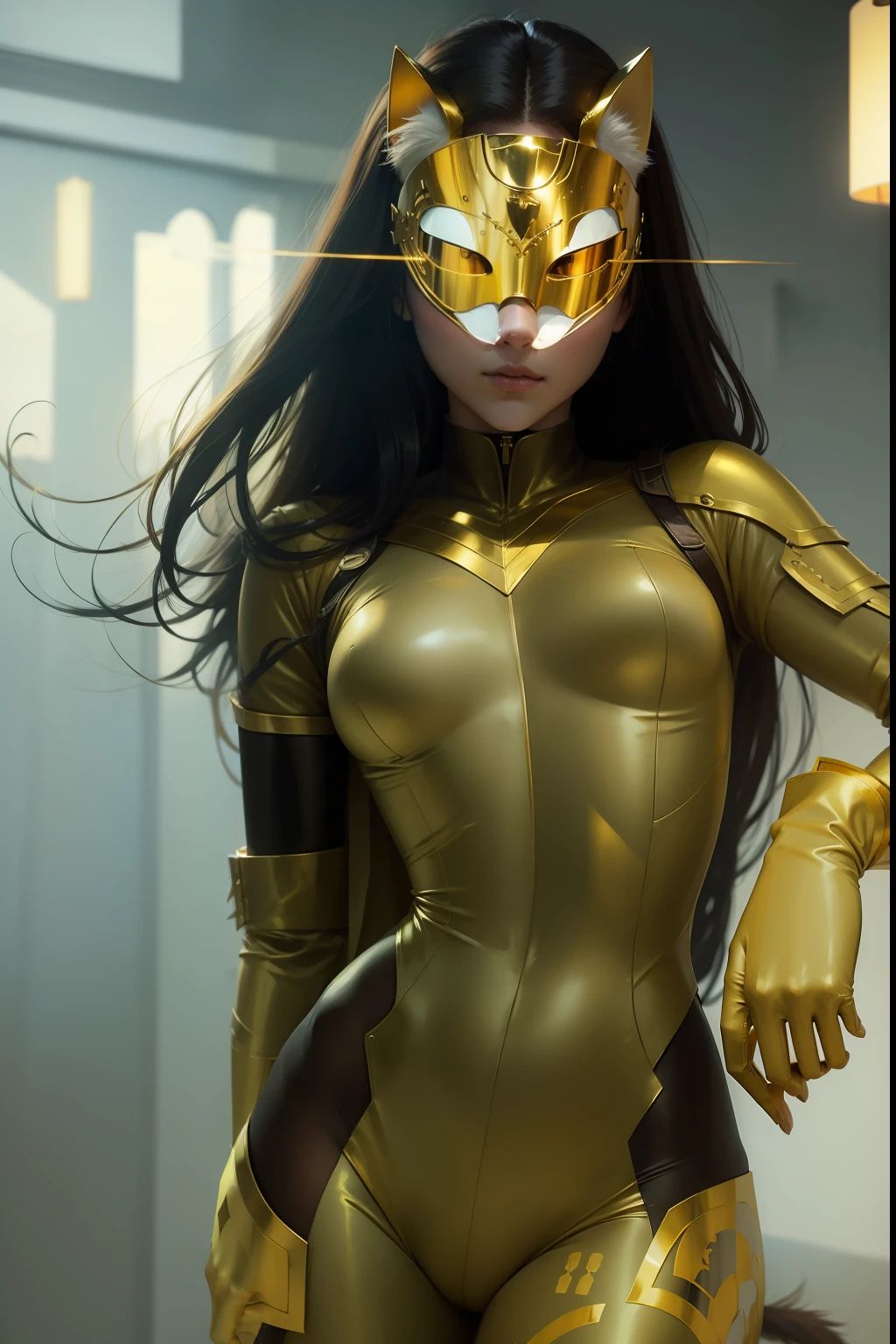 Golden and white suit, 1 girl, cat golden mask, cat golden tail