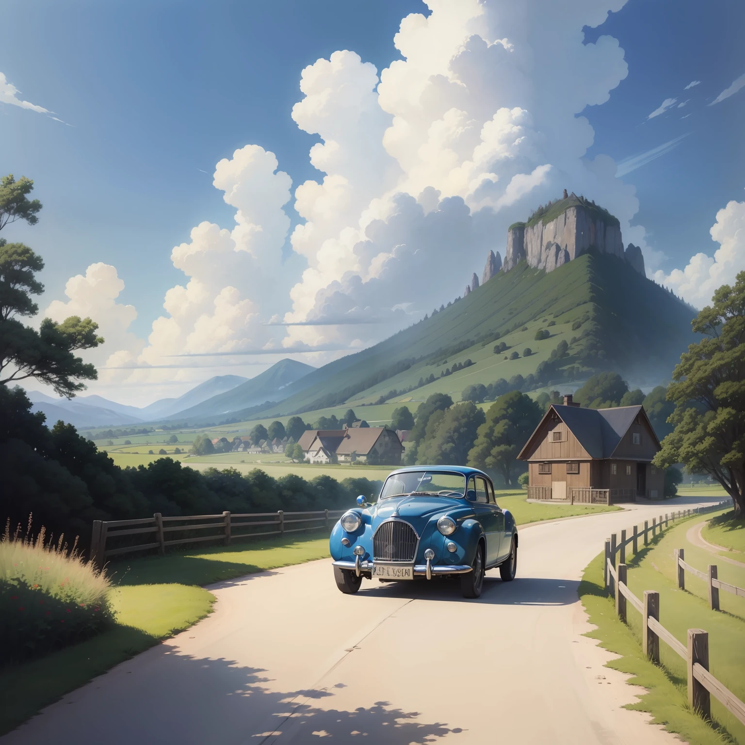 （（（beste-Qualit）））），Realistic，Realities，Beautiful and charming landscapes with vintage sports car on the road of Ghibli Miyazaki Ranch oil painting studio petals with blue sky and white clouds ，Screen resolution 1366 x 768 --v6