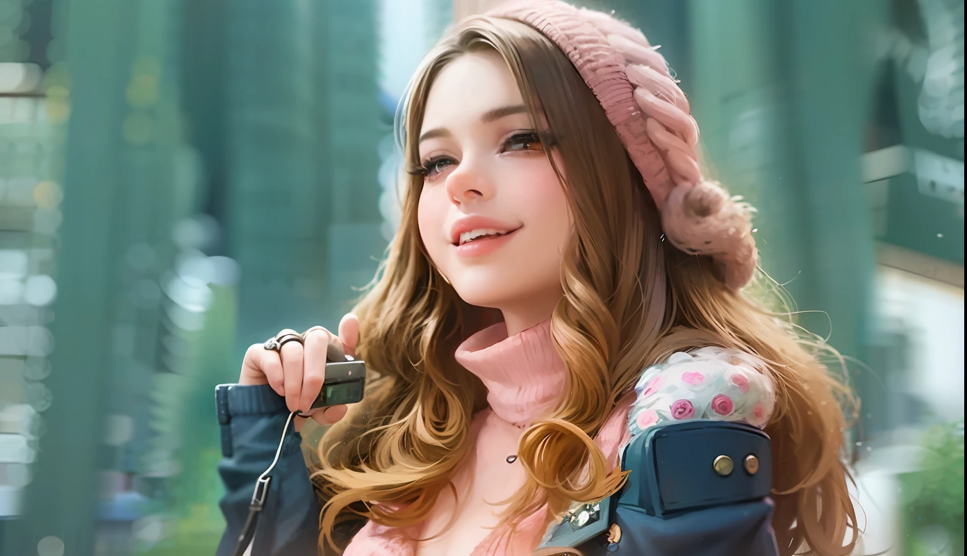 araffe woman in a pink sweater and black jacket holding a cell phone, pale-skinned persian girl, looks like ebru sahin, lovely smile, inspired by Niyazi Selimoglu, anna nikonova aka newmilky, dasha taran, with a beautifull smile, sofya emelenko, beautiful and smiling, valentina remenar