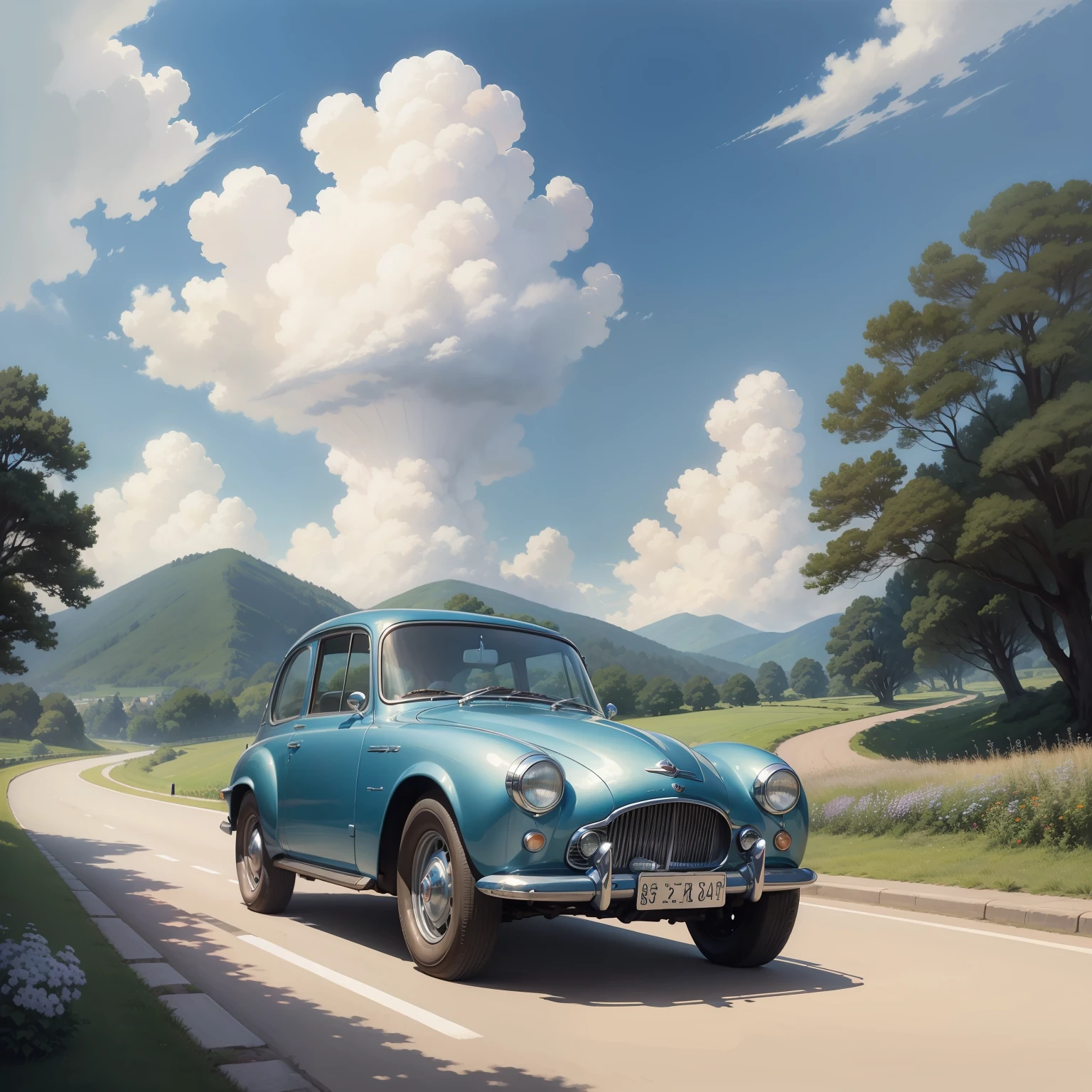 （（（beste-Qualit）））），Realistic，Realities，Beautiful and charming landscapes with vintage sports car on the road of Ghibli Miyazaki Ranch oil painting studio petals with blue sky and white clouds ，Screen resolution 1366 x 768 --v6