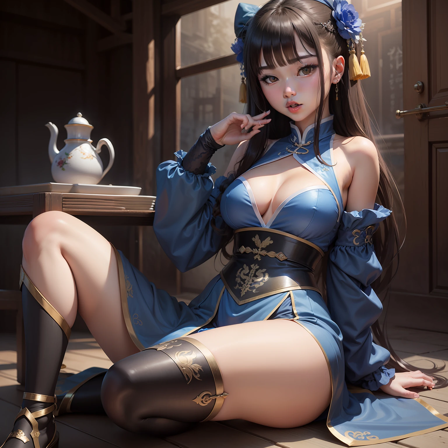 tmasterpiece, New Blue Iron\(1zgame\), 1girll, 独奏, nedium breasts, martial arts style,chinese_clothes,shift dresses,China-style,oil painted,Sat down,eats