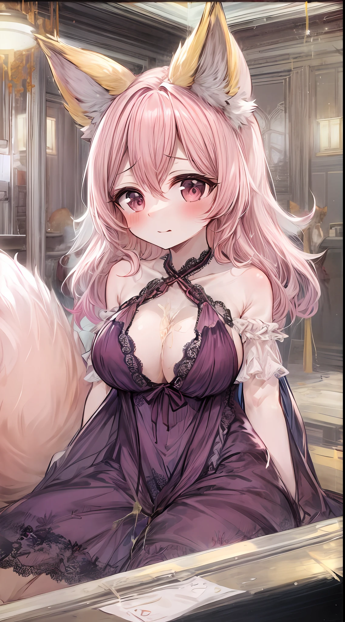 anime (🦊 fox ears, enchanting pink hair, lace nightgown, focused on ample bosom, ample bosom,  peeing self