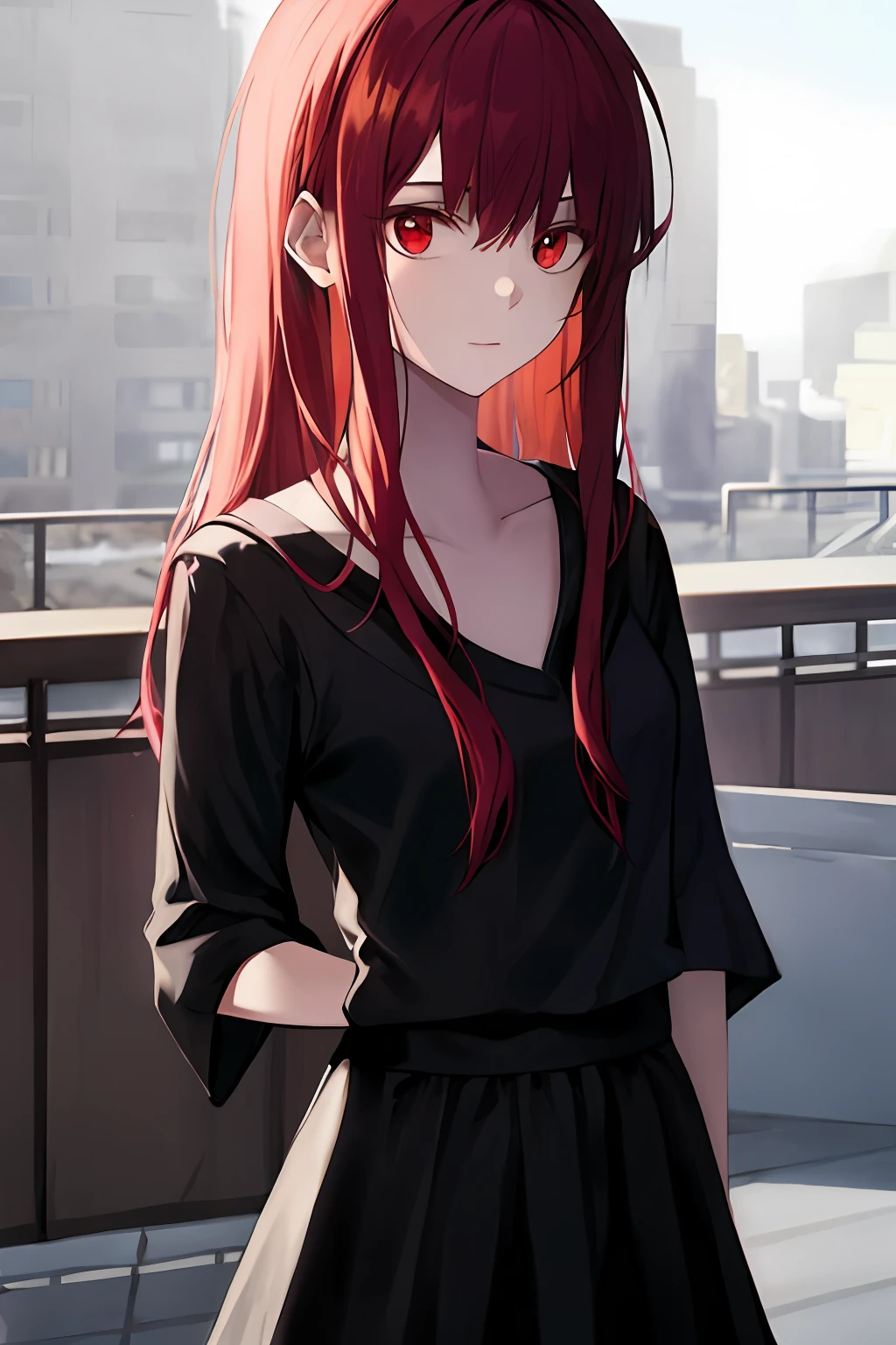 Two-dimensional long-haired girl with red hair and red eyes