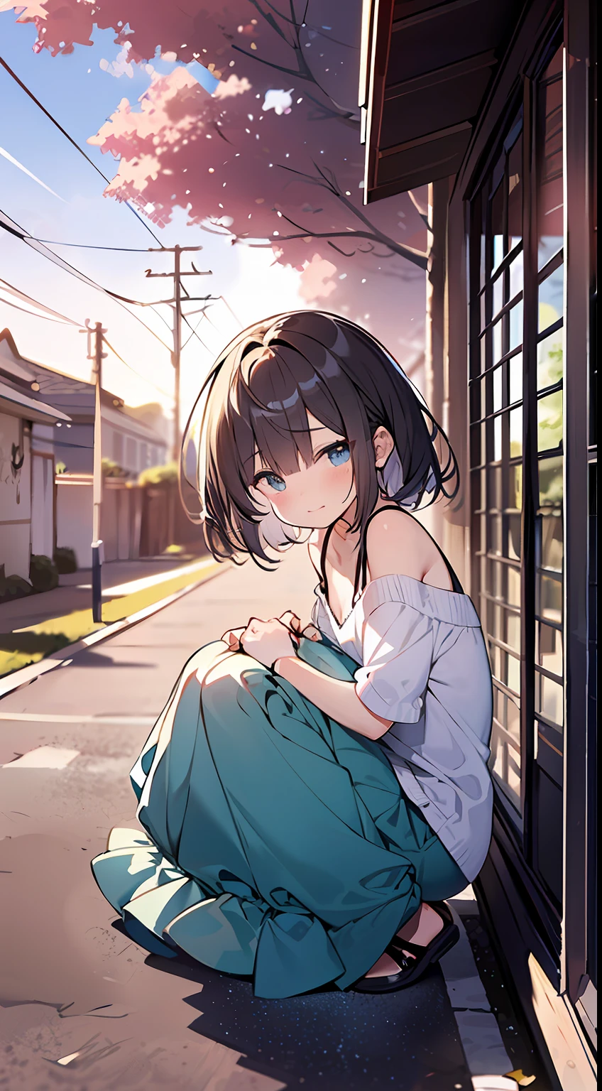 (top-quality、32K image quality、​masterpiece、nffsw:1.2)、a cute loli、Medium short hair、short braiding、beauitful face、(Slouched:1.3)、at the sunset、crouching down、(From  above:1.3)、(a closeup:1.4)、small curvy loli、((You can see the chest))、Bust Up Perspective、Loose baggy big shirt、(beautiful nipple slips:0.9)、outside of house、the wind、shinny skin、blurry backround