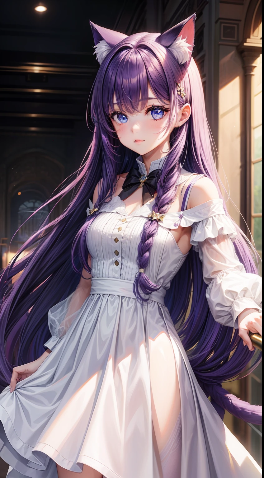 young girl, long purple hair, cat ears, cat tail, blue eyes, white luxury dress, Masterpiece, hiquality