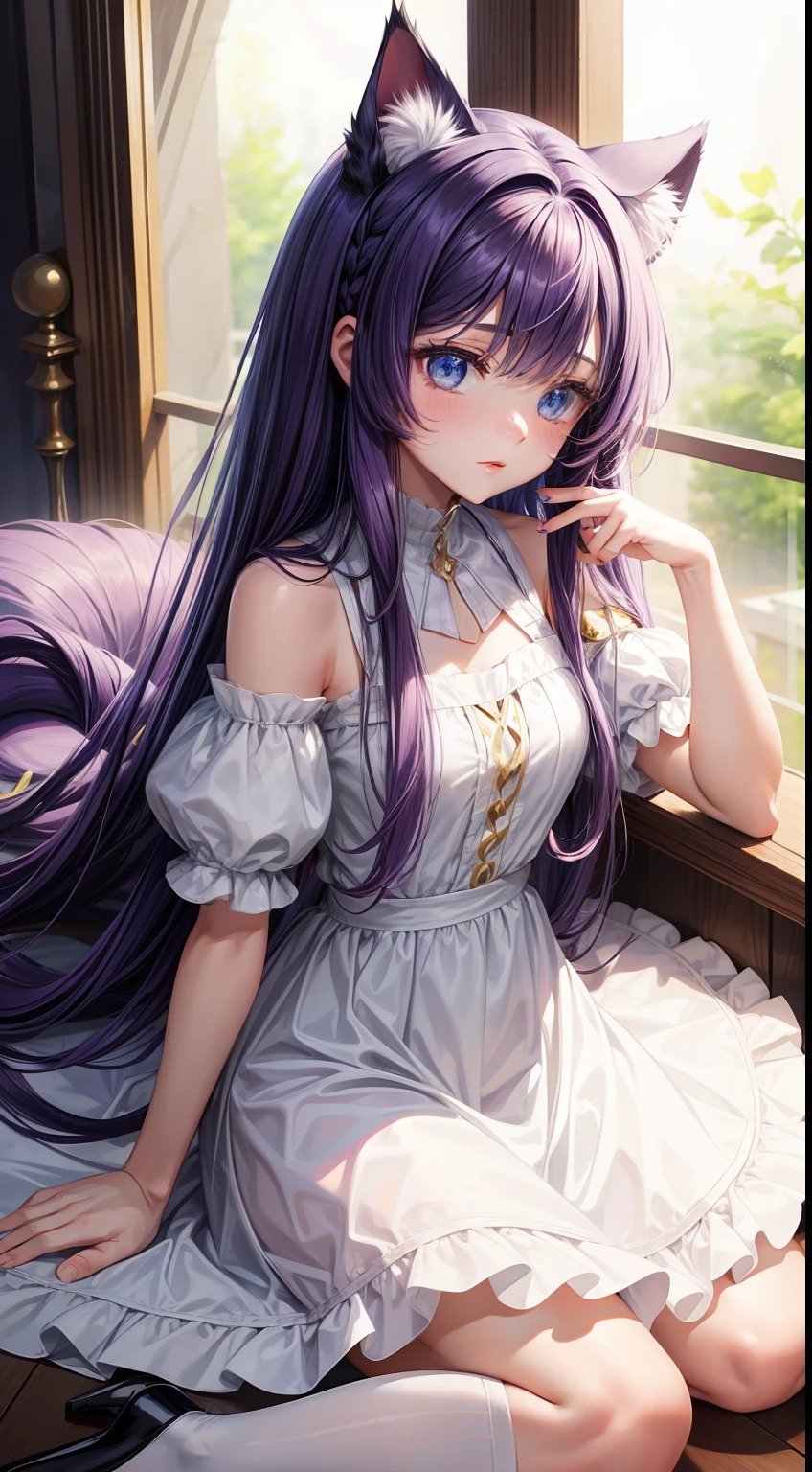 young girl, long purple hair, cat ears, cat tail, blue eyes, white luxury dress, Masterpiece, hiquality