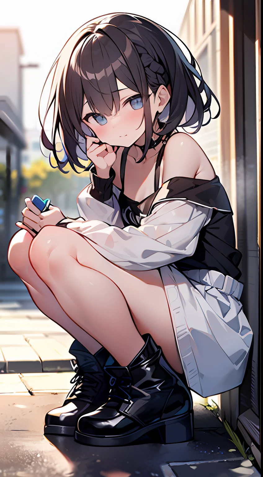 (top-quality、32K image quality、​masterpiece、nffsw:1.2)、a cute loli、Medium short hair、short braiding、beauitful face、(Slouched:1.3)、at the sunset、crouching down、(From  above:1.3)、(a closeup:1.4)、small curvy loli、((You can see the chest))、Bust Up Perspective、Loose baggy big shirt、(beautiful nipple slips:0.9)、outside of house、the wind、shinny skin、blurry backround
