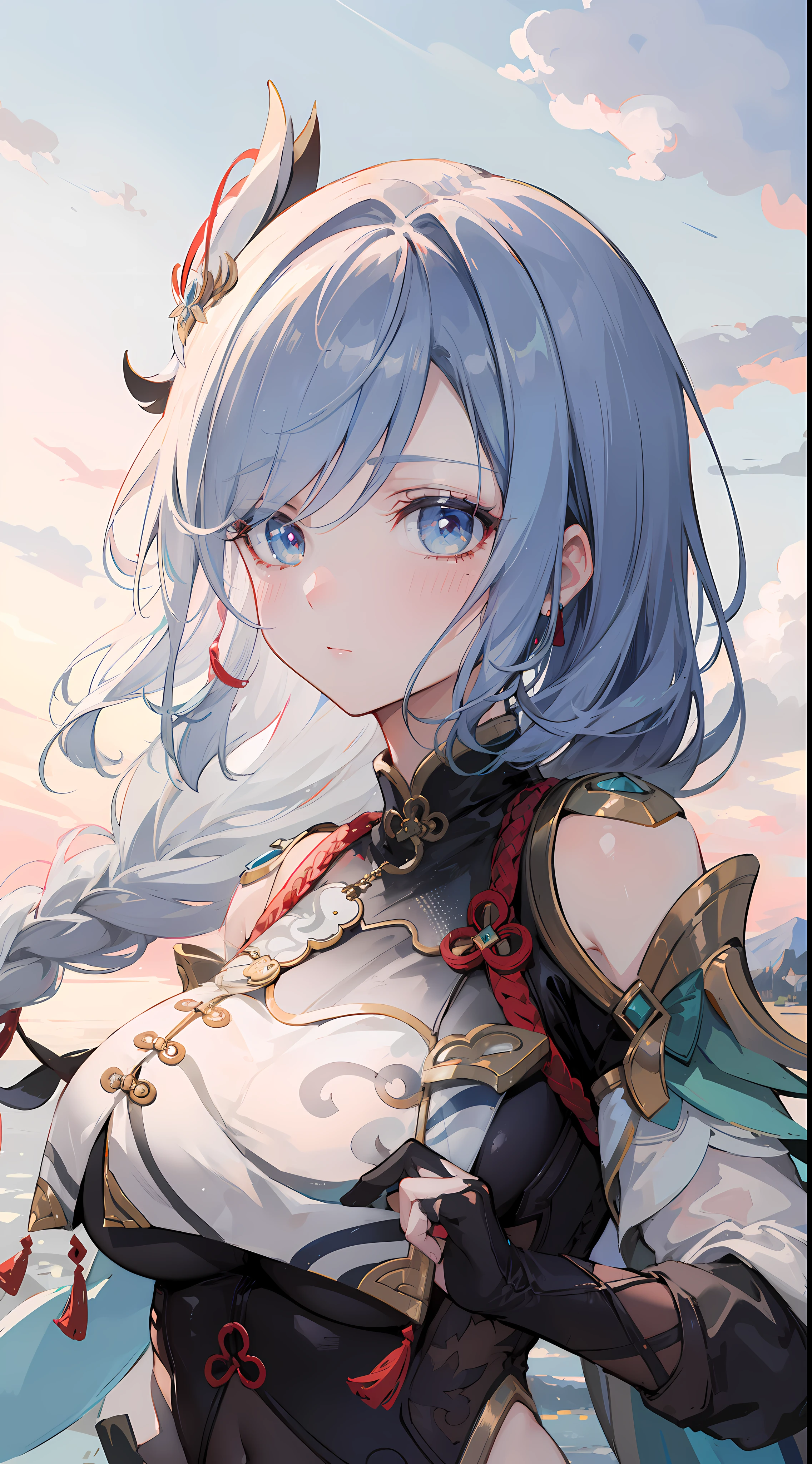 shenhedef, upper body, serious expression, blush, outdoors, futuristic skyscarper, eclipse sky, short hair, sky, looking at viewer, mountain, moody lighting, (perfect detail eyes:1.2), glowing eyes, (long hair one braid:1.2),
(Masterpiece, Best Quality, High Quality:1.4), professional artwork, Intricate Details, field of view, sharp focus, detailed painting, photorealistic lighting, trending on pixiv, (vivid lighting, vibrant colors:1.05), realistic shadows, ambient occlusion,