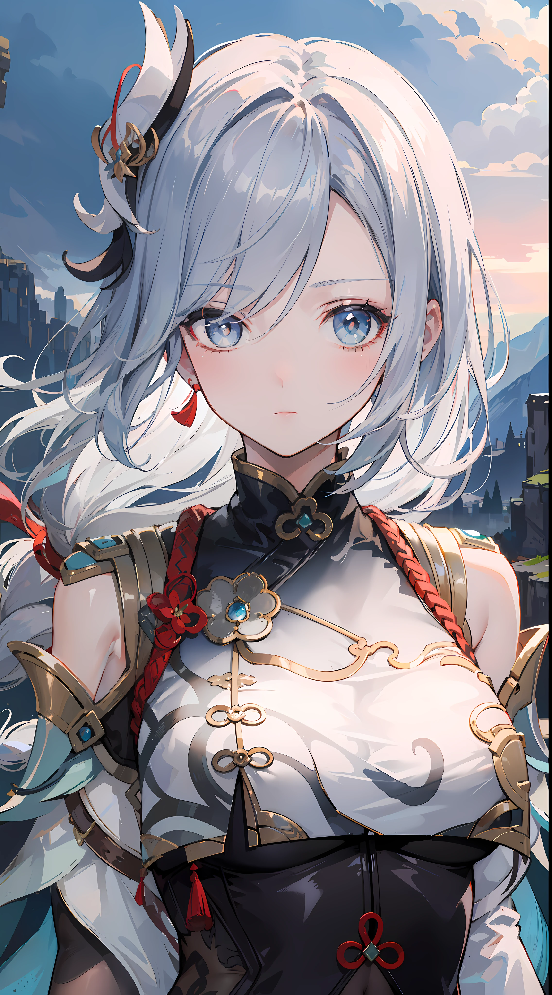 shenhedef, upper body, serious expression, blush, outdoors, futuristic skyscarper, eclipse sky, short hair, sky, looking at viewer, mountain, moody lighting, (perfect detail eyes:1.2), glowing eyes, (long hair one braid:1.2),
(Masterpiece, Best Quality, High Quality:1.4), professional artwork, Intricate Details, field of view, sharp focus, detailed painting, photorealistic lighting, trending on pixiv, (vivid lighting, vibrant colors:1.05), realistic shadows, ambient occlusion,