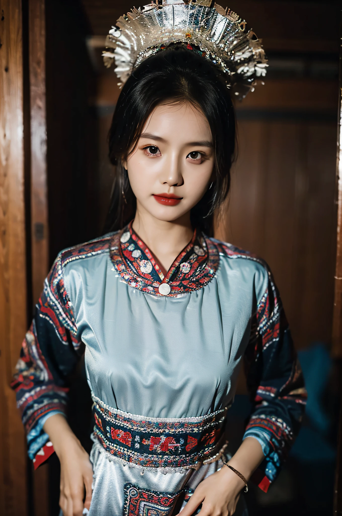 Hyperrealistic,）4K,35mm，hyper-high detail, Professional lighting, Best quality, 超高分辨率, Visually stunning, (1girll:1.1), （Hmong clothing ）,realskin,（Perfect body 1.3）Ultra-delicate face。