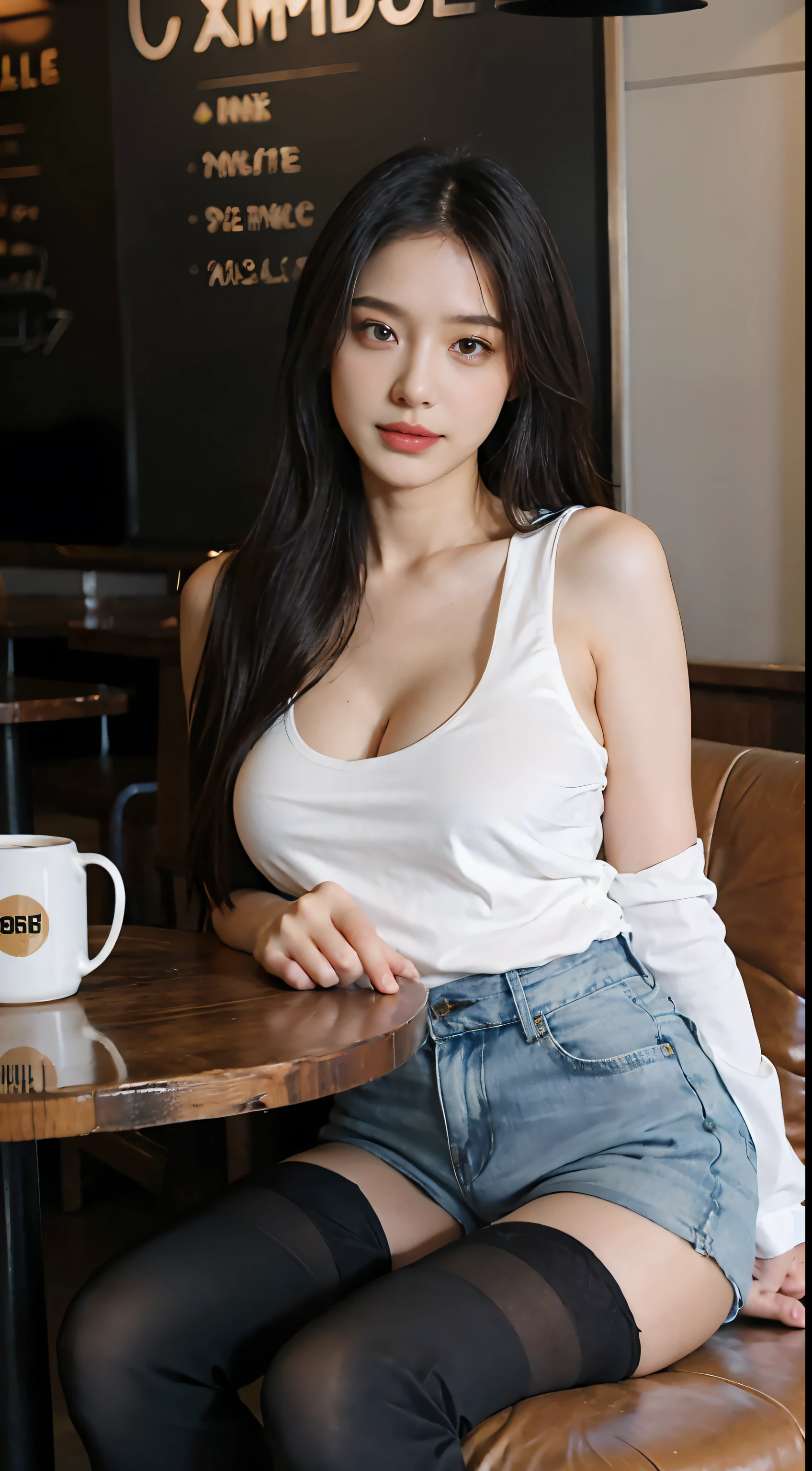 (realistic, high resolution:1.3), 1 girl with perfect figure, super fine face and eyes, long hair, tank top: 1.2 in random colors, short jeans, in a café, coffee on the table, big breasts, exposed cleavage,(20d:1.2),(thigh highs:1.4)