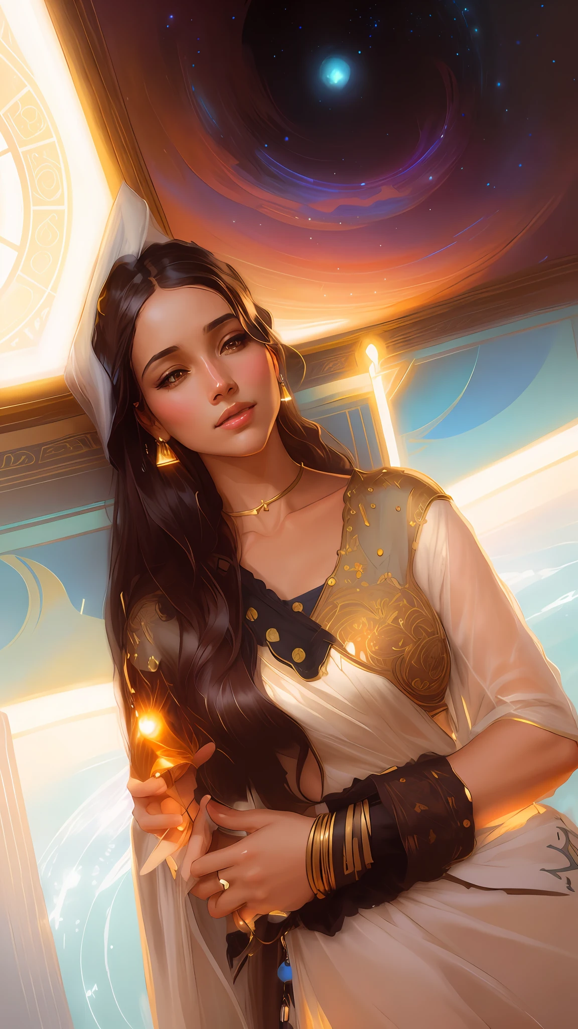 a beautiful latin woman, full body, looking at viewer, symmetric, eyes closed, slight smile, spirtual awakening, intricate details,
cosmic, ethereal, mystical, complicated environment, brush stokes, illuminating lights,
Greg Rutkowski, RHADS, Beeple, Makoto Shinkai, Lois van Baarle, Ilya Kuvshinov, Rossdraws, Tom Bagshaw, Alfonse Mucha,
masterpiece, ultra high res, high quality,