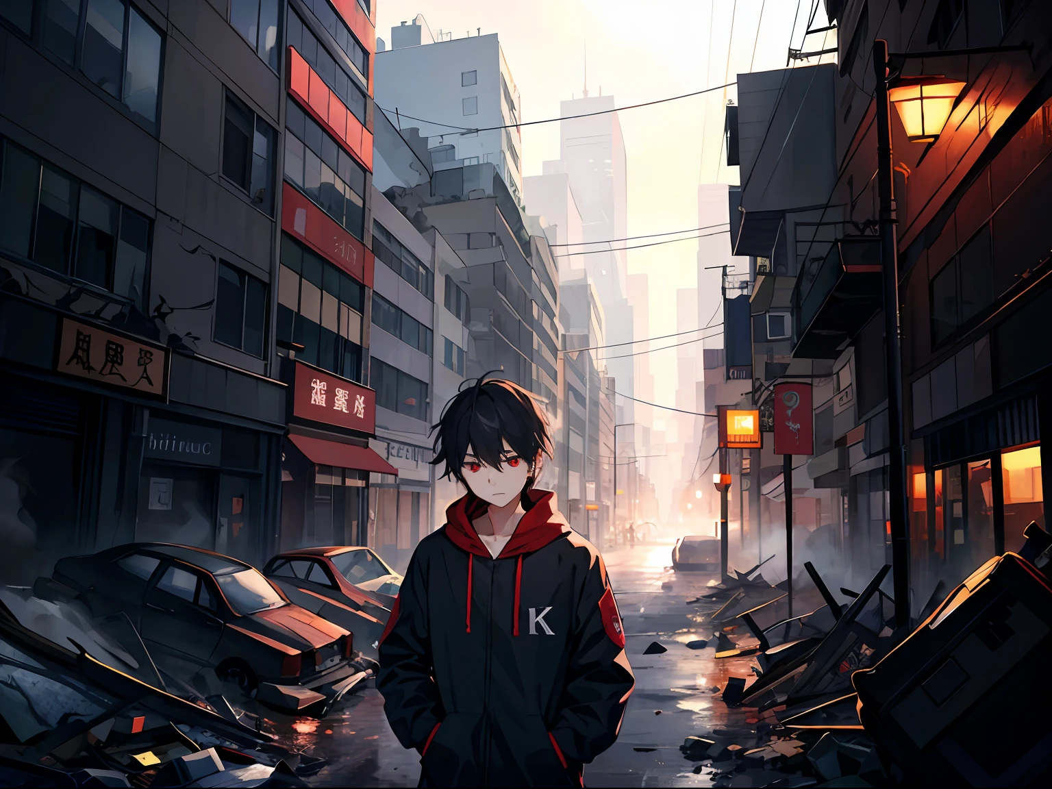 k hd，ultra-detailliert，The illustrations are of high quality，Gray weather，The teenager hugged himself，Red eyes，Dazed expression，Ruined apocalyptic city。