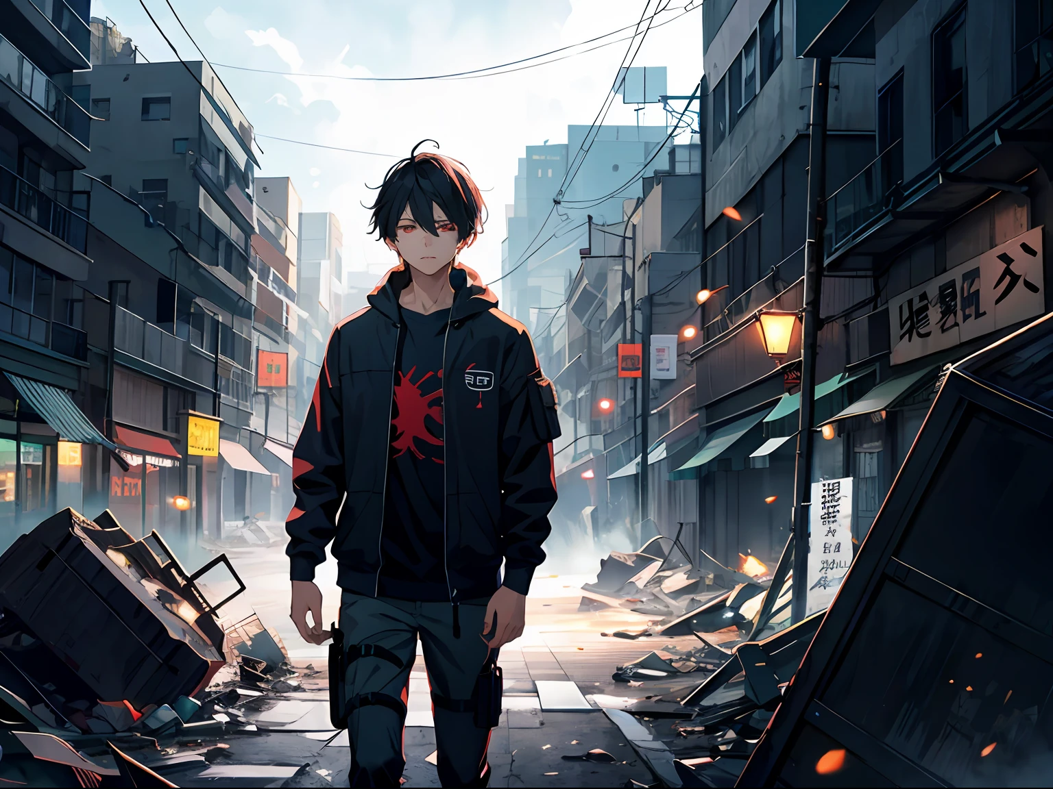 k hd,ultra-detailliert,The illustrations are of high quality,Gray weather,The teenager hugged himself,Red eyes,Dazed expression,Ruined apocalyptic city。