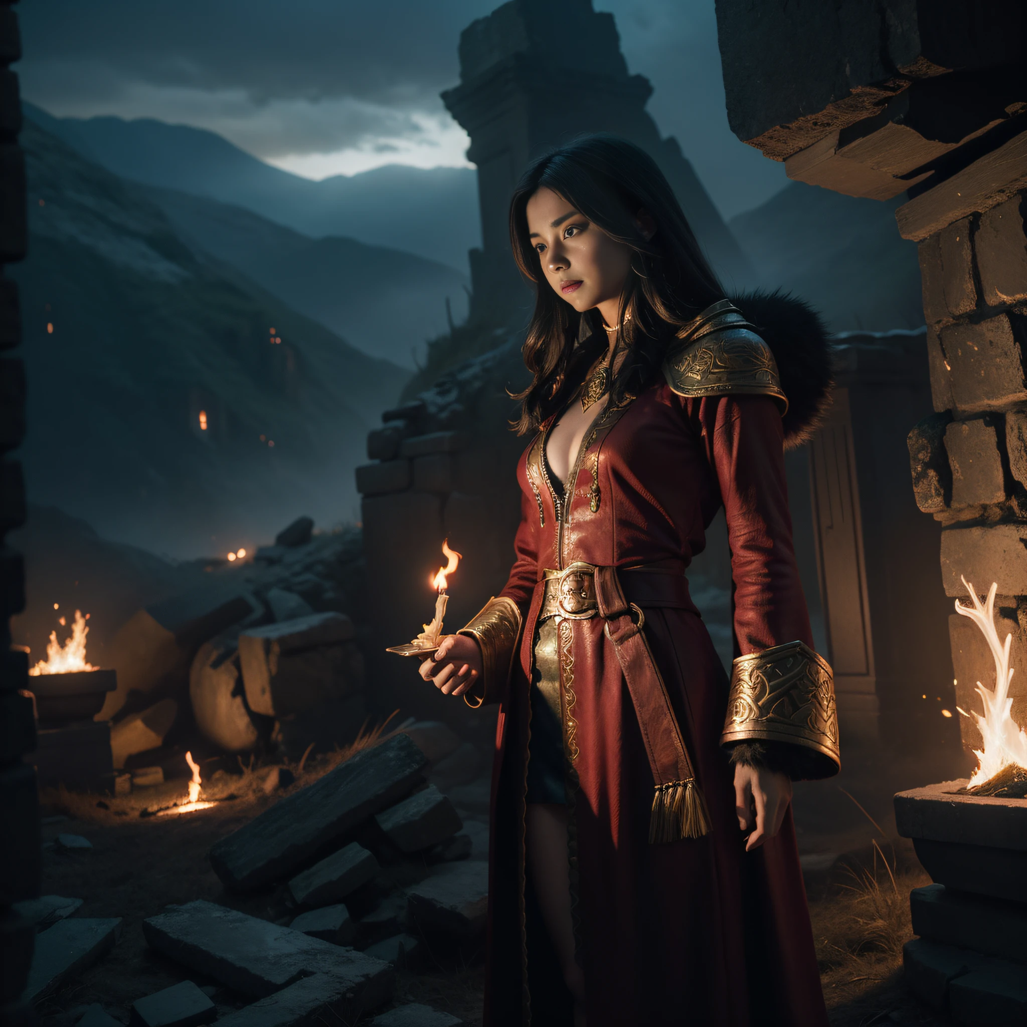 "((Epic fantasy scene)) In Diablo 4: Powerful and charming female sorceress,Decorated in magic "Unlimited bathrobes," Stand in the middle of the battlefield, engulfed in magical flames. Her hands exude immense mysterious power, Cast intricate spells,structure, Formative reality. The sky overhead is darkening, When dark clouds swirl, Crackling bolts ({{Crimson zipper}}). Ao redor dela, Towering ancient ruins echo the whispers of forgotten civilizations.