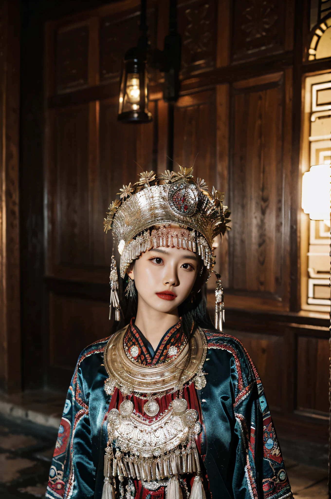 Hyperrealistic,）4K,35mm，hyper-high detail, Professional lighting, Best quality, 超高分辨率, Visually stunning, (1girll:1.1), （Hmong clothing ）,realskin,（Perfect body 1.3）Ultra-delicate face。