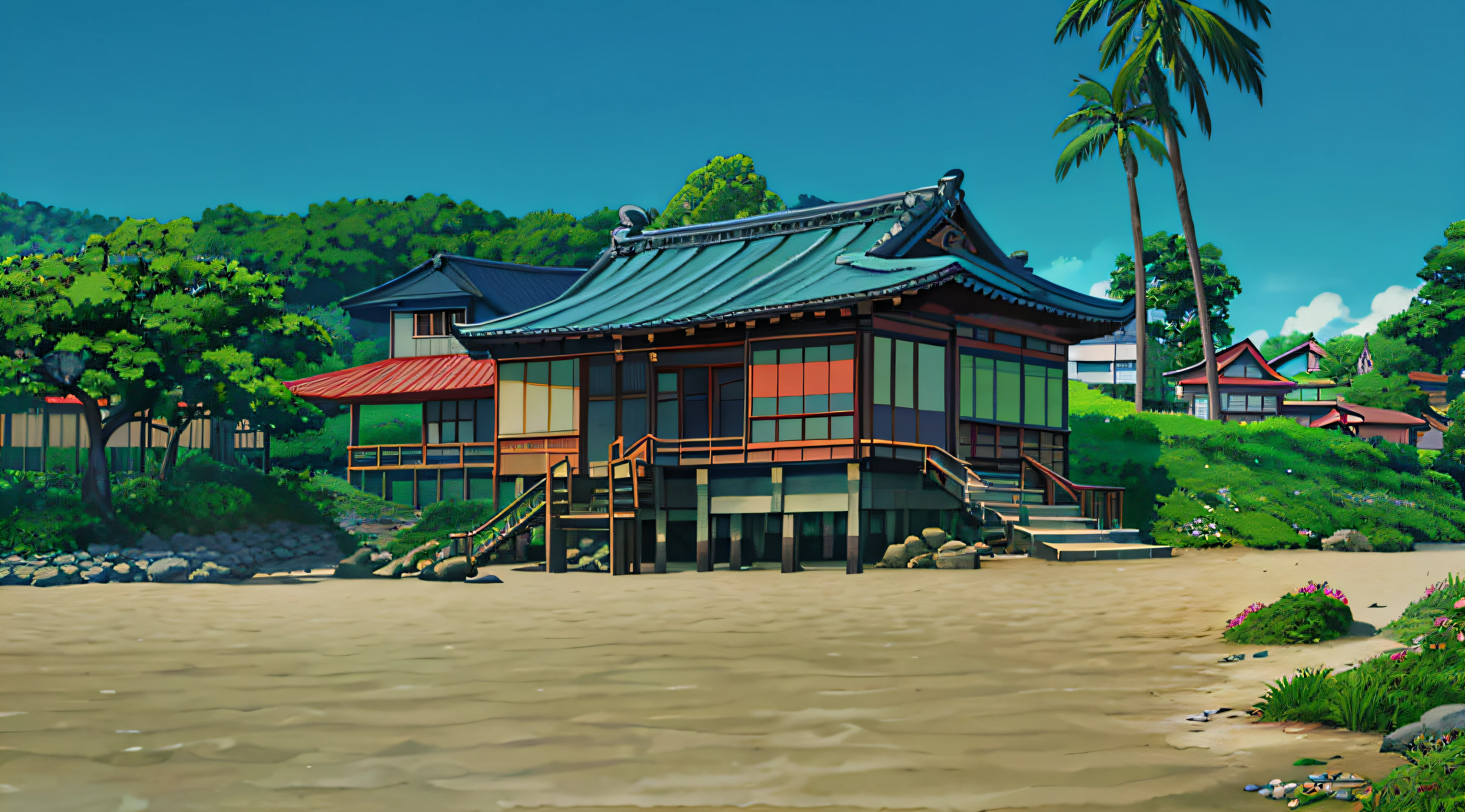 （in style of ghibli），Kimono Girl，sea beach