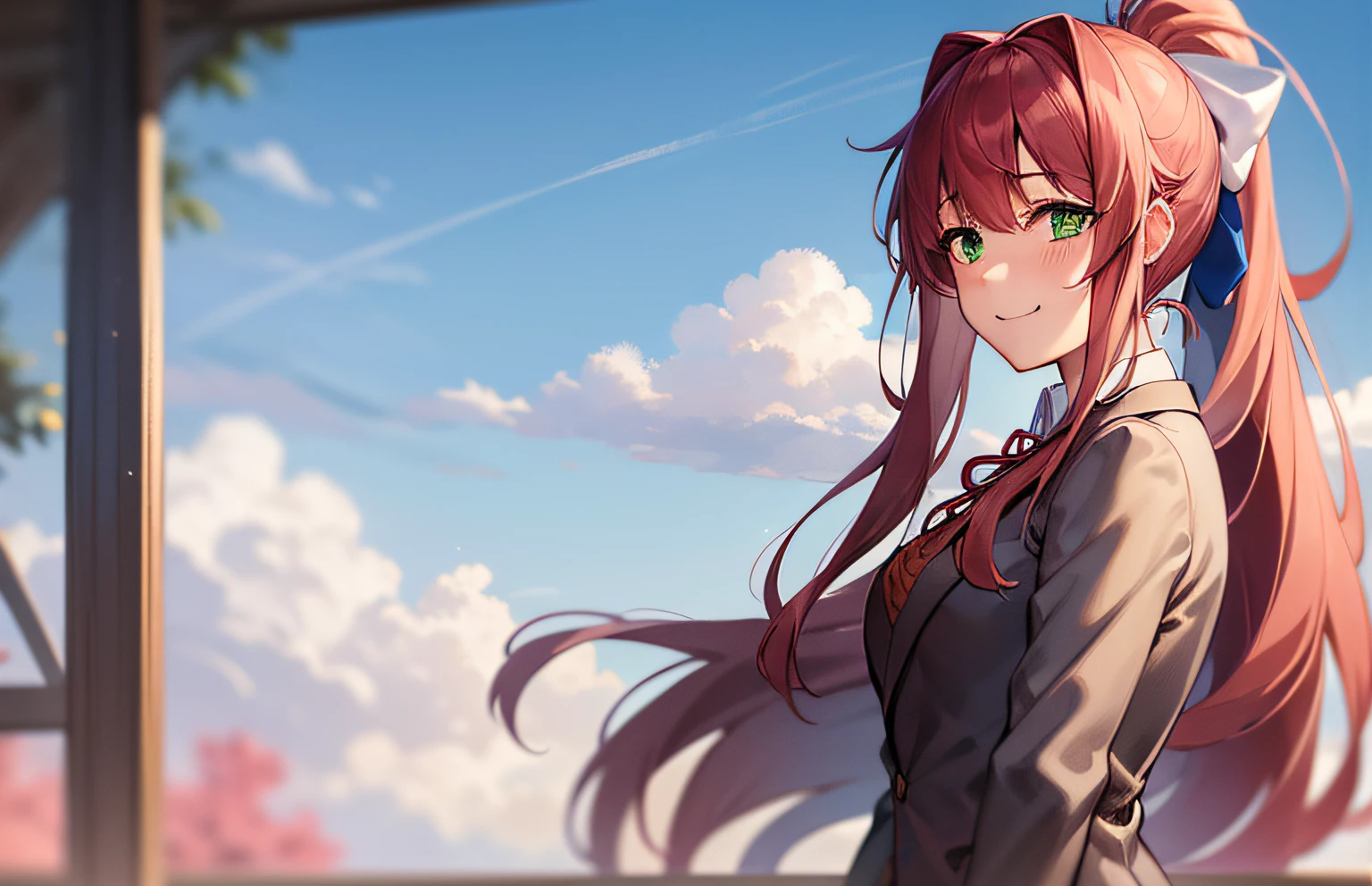 2d, masterpiece, best quality, anime, highly detailed, cowboy shot, 1girl, solo, monika, green eyes, very long hair, ponytail, school uniform, standing, straight-on, smile, white background, simple background