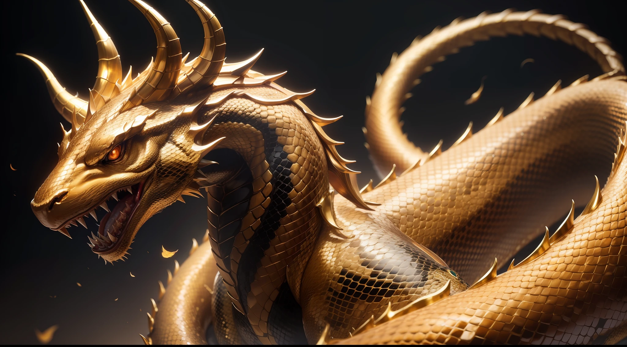 Golden Sin Dragon as Long as a Snake、claws are sharp、Dignified, Dignified and sharp face、Dynamic、Dynamism、Flying over Yakushima、Photorealism Based Details Widget 1.3、Ultra-detailed depiction、Cinematic shots with HDR effect、Vignette and center screen、Generate in automatic mode